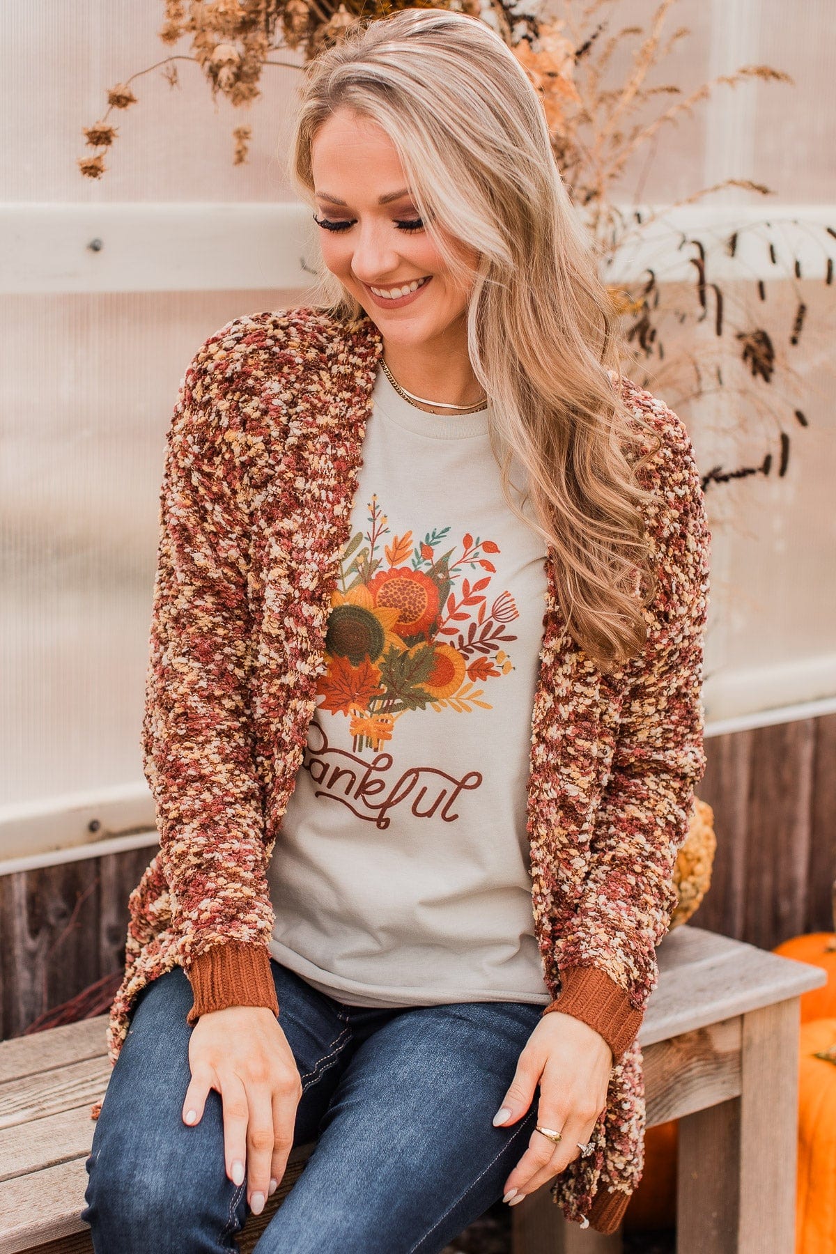 "Thankful" Floral Graphic Tee- Light Taupe - Image 2