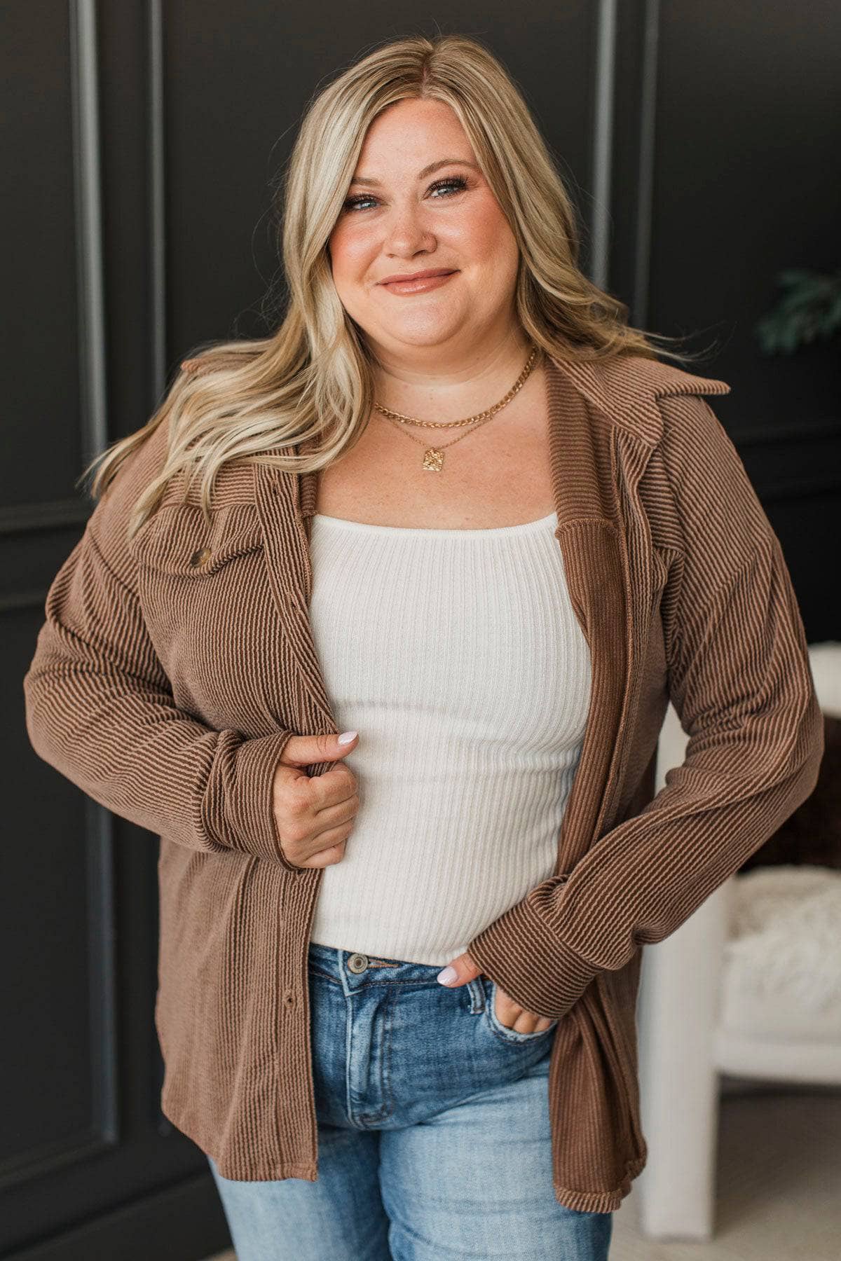 Thankful For Today Ribbed Button Top- Chocolate