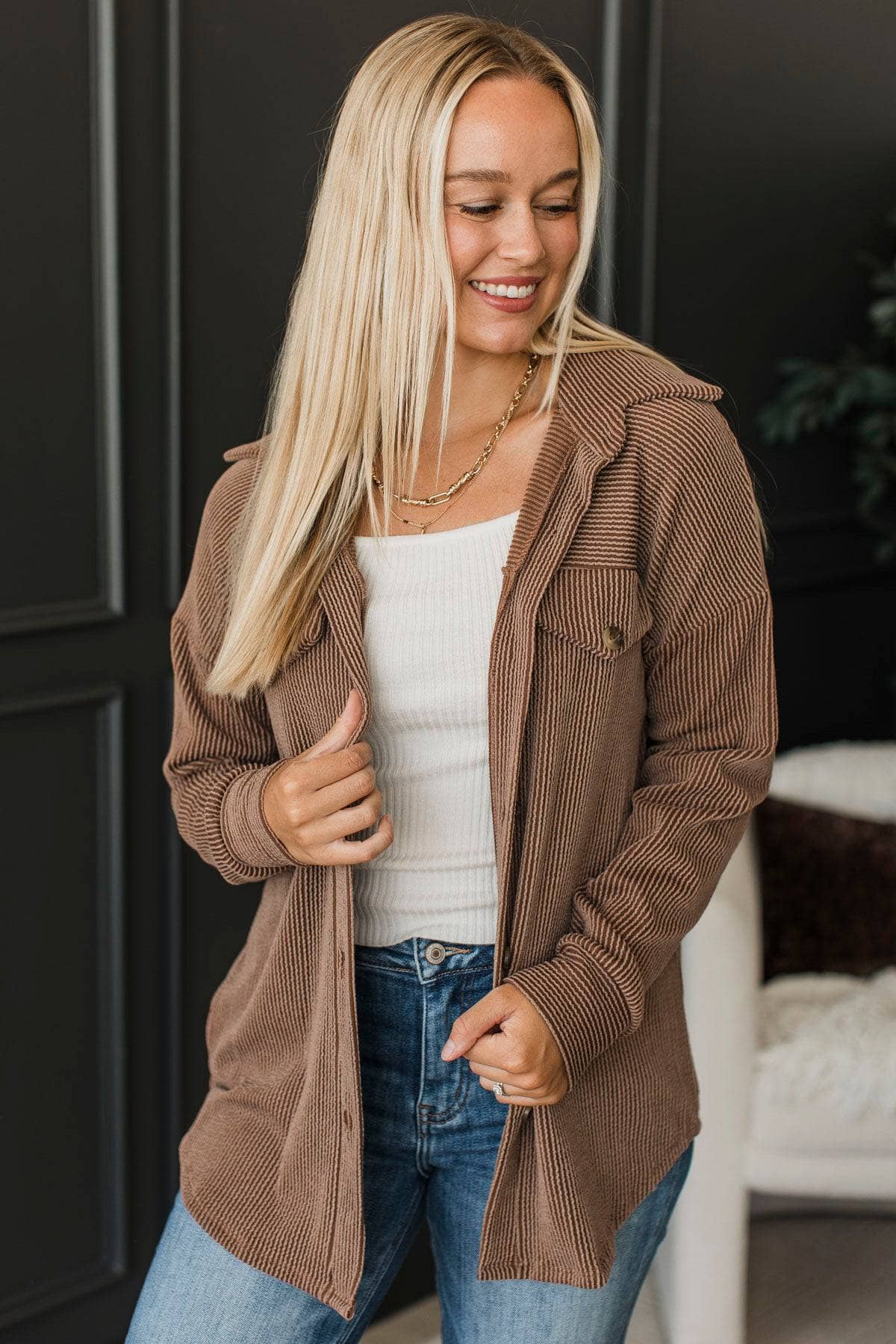 Thankful For Today Ribbed Button Top- Chocolate - Image 2