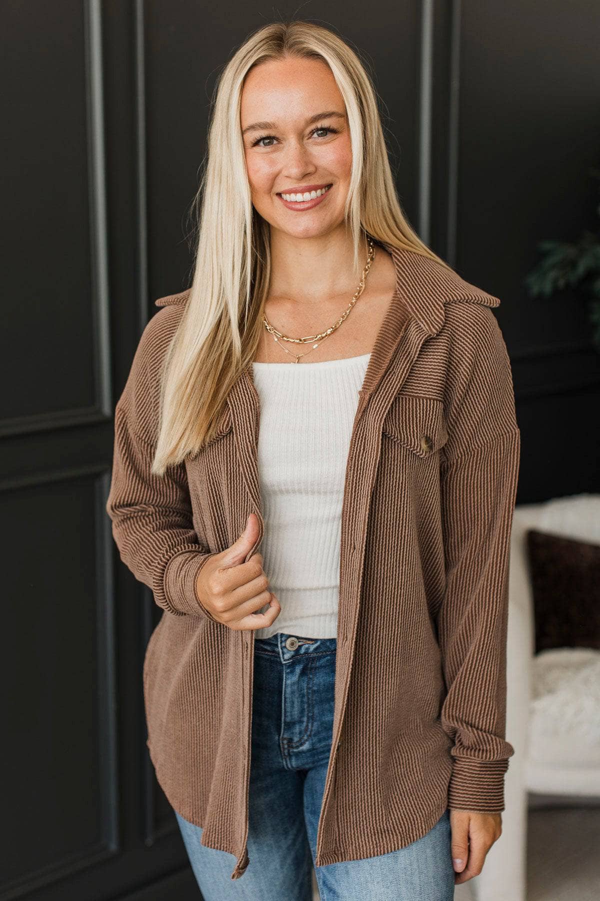 Thankful For Today Ribbed Button Top- Chocolate - Image 4