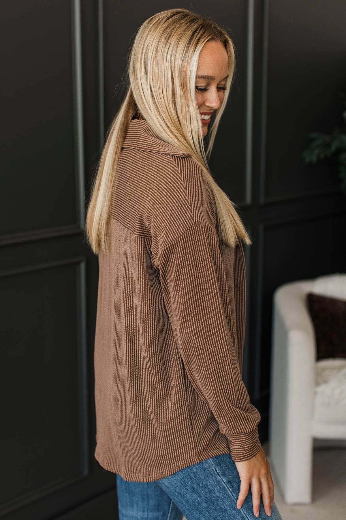 Thankful For Today Ribbed Button Top- Chocolate - Image 6