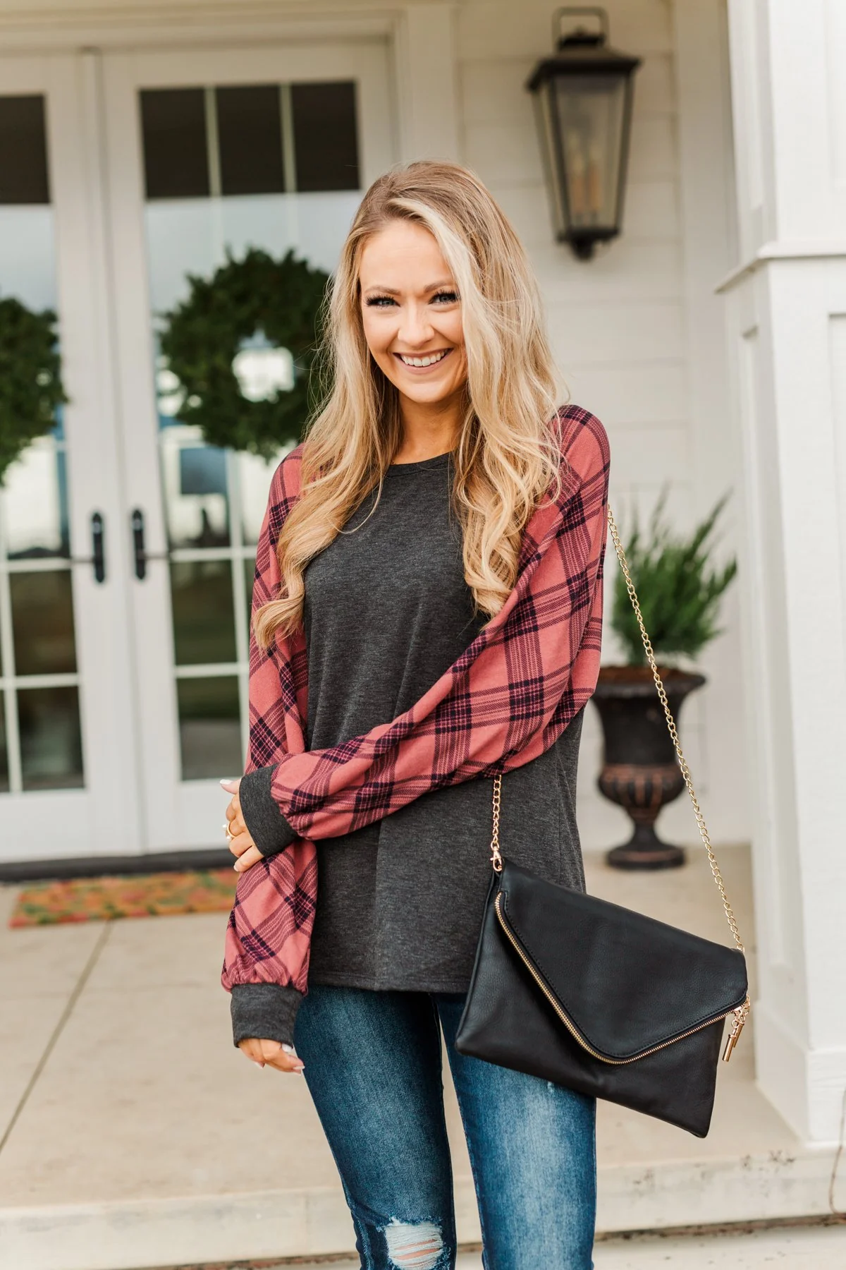 Thankful For You Long Sleeve Top- Red & Charcoal - Image 2