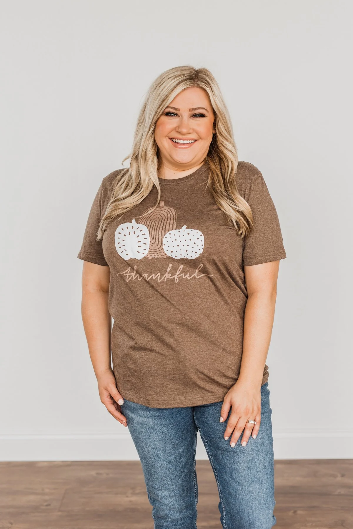 "Thankful" Glitter Pumpkin Graphic Tee- Brown - Image 3