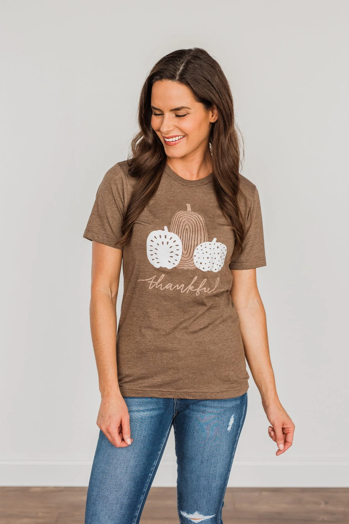 "Thankful" Glitter Pumpkin Graphic Tee- Brown - Image 4