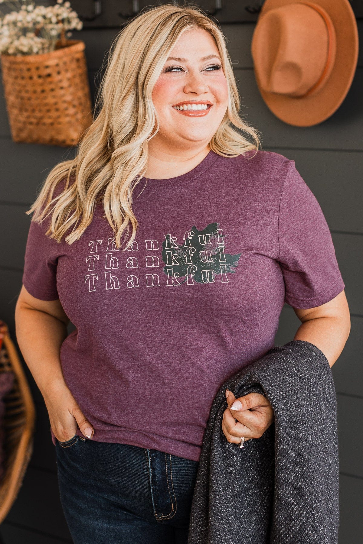 "Thankful" Graphic Tee- Maroon - Image 3