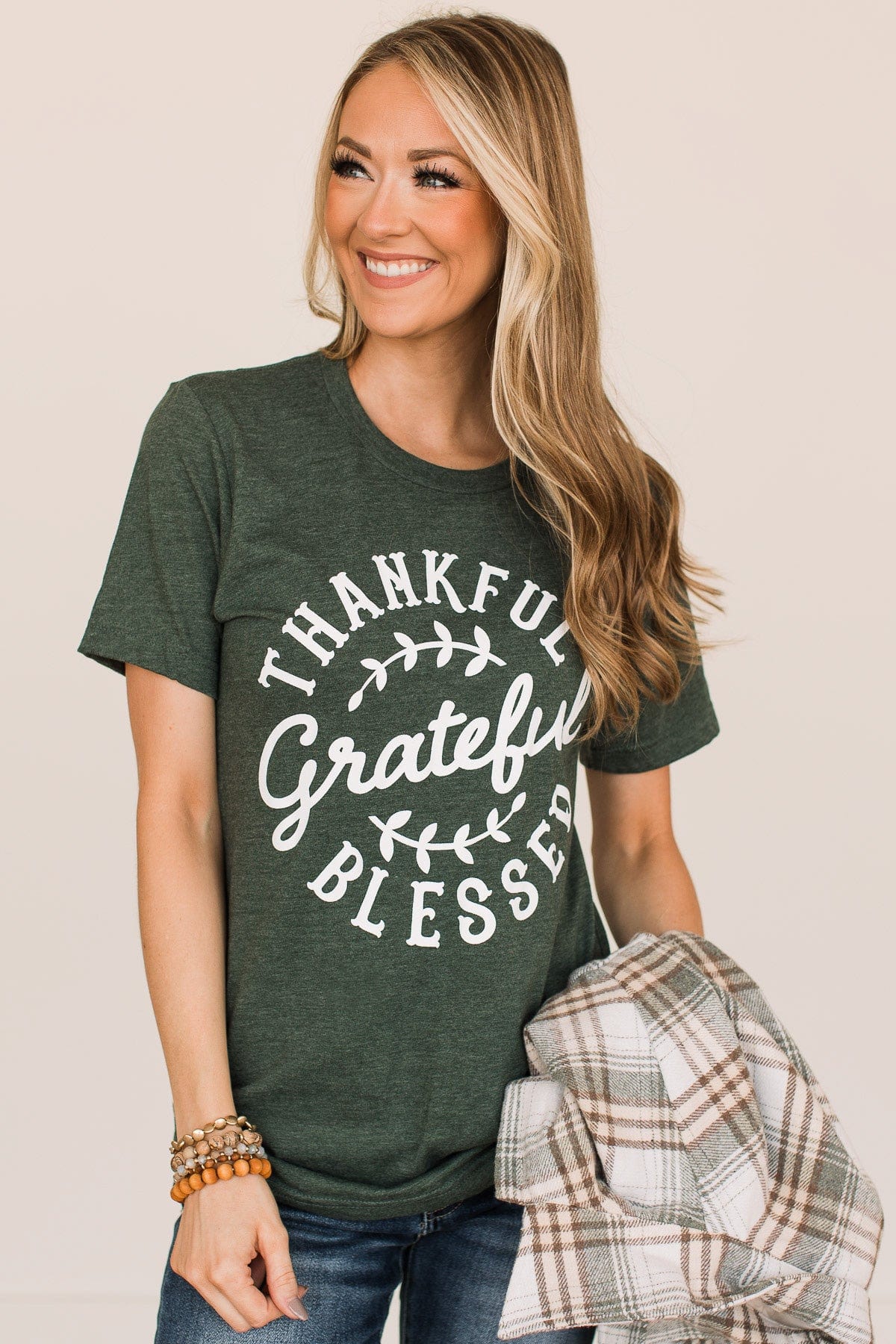 "Thankful, Grateful, Blessed" Graphic Tee- Forest Green - Image 3