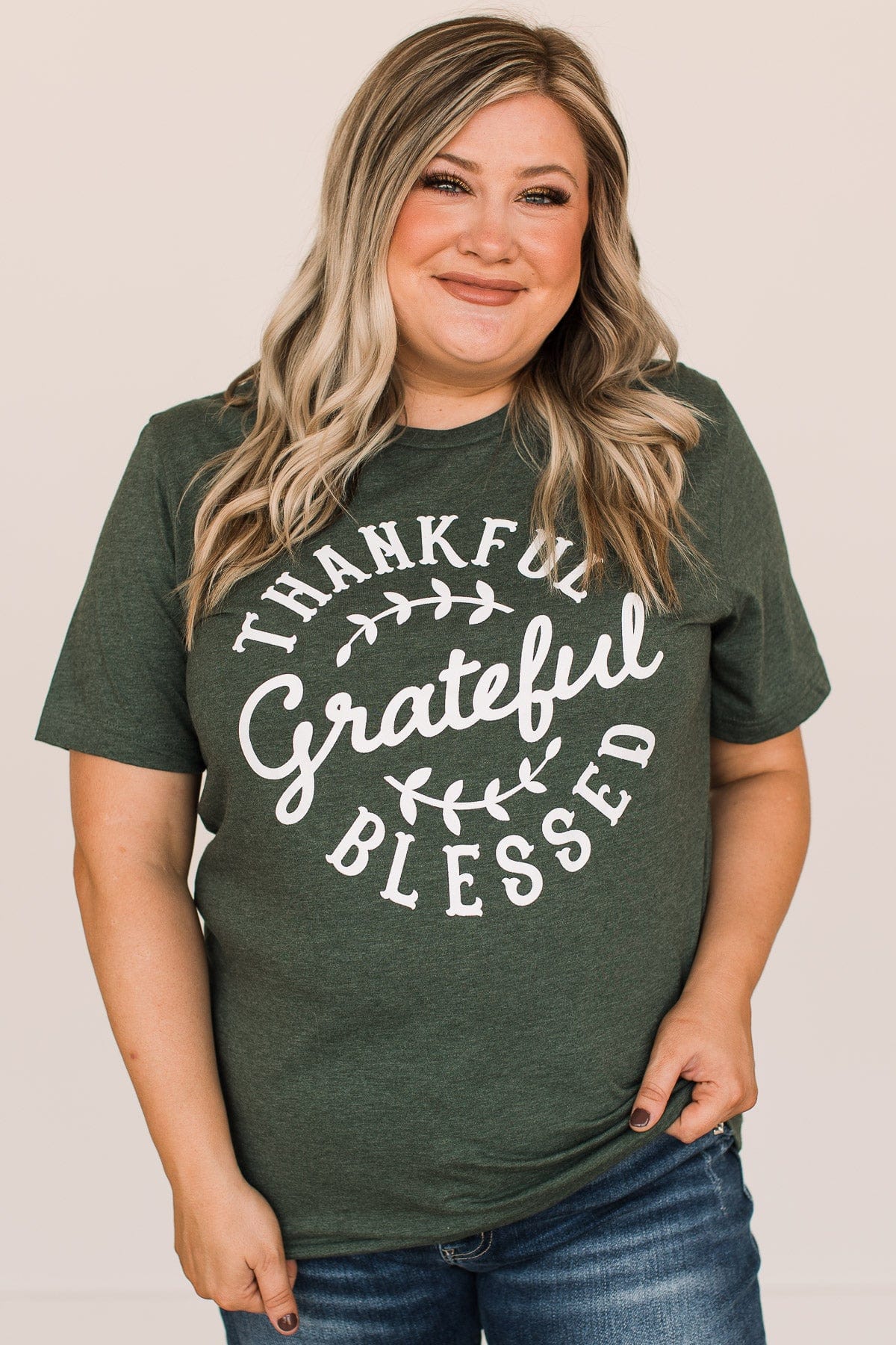 "Thankful, Grateful, Blessed" Graphic Tee- Forest Green - Image 4