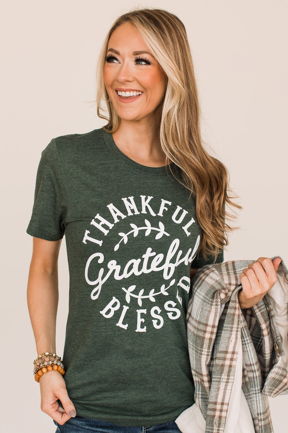 "Thankful, Grateful, Blessed" Graphic Tee- Forest Green - Image 6