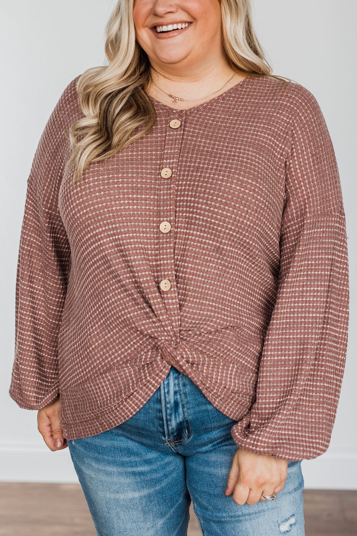 Thanks To You Front Twist Button Top- Rust - Image 7