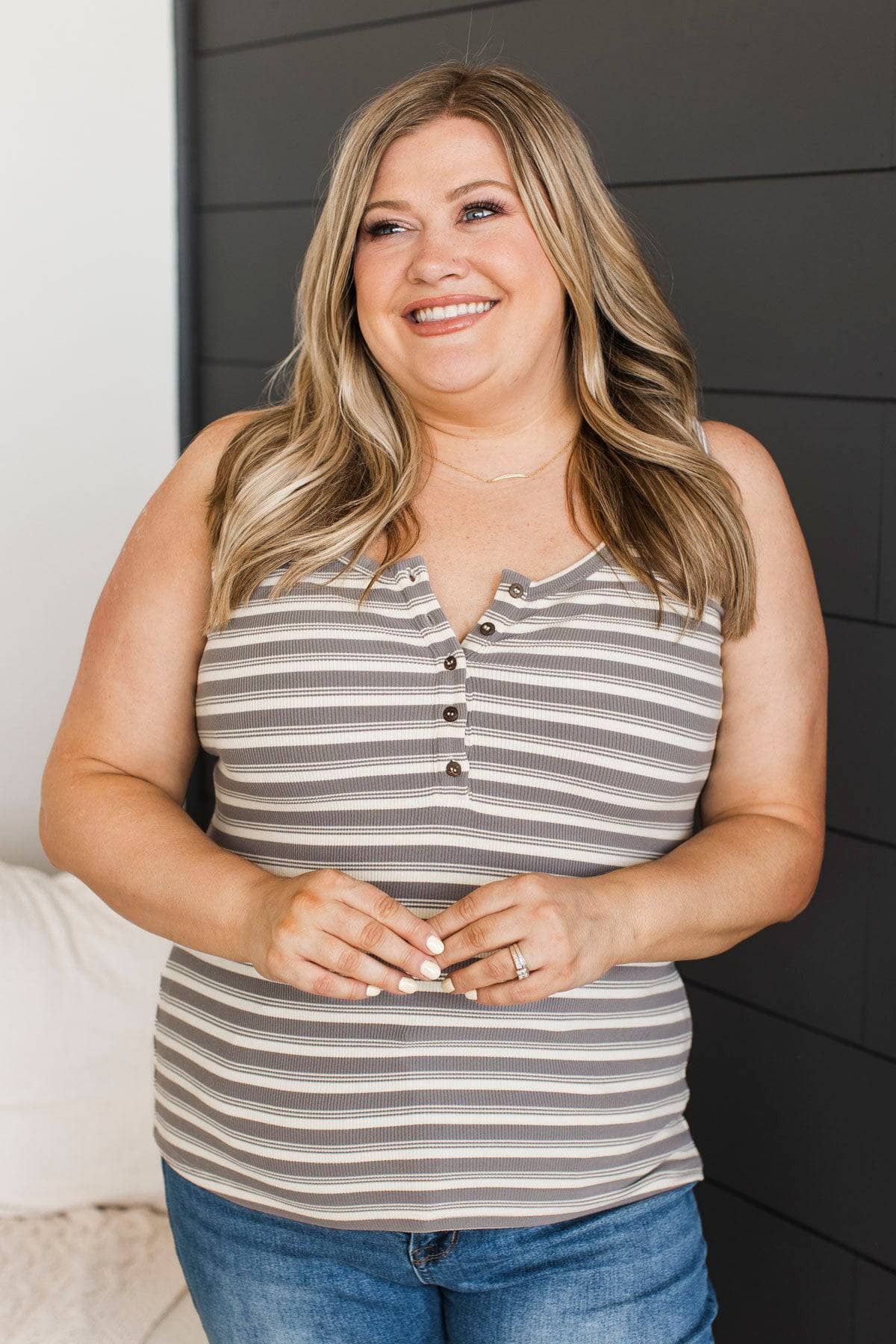 The Best Ever Striped Tank Top- Ivory & Dark Grey - Image 3