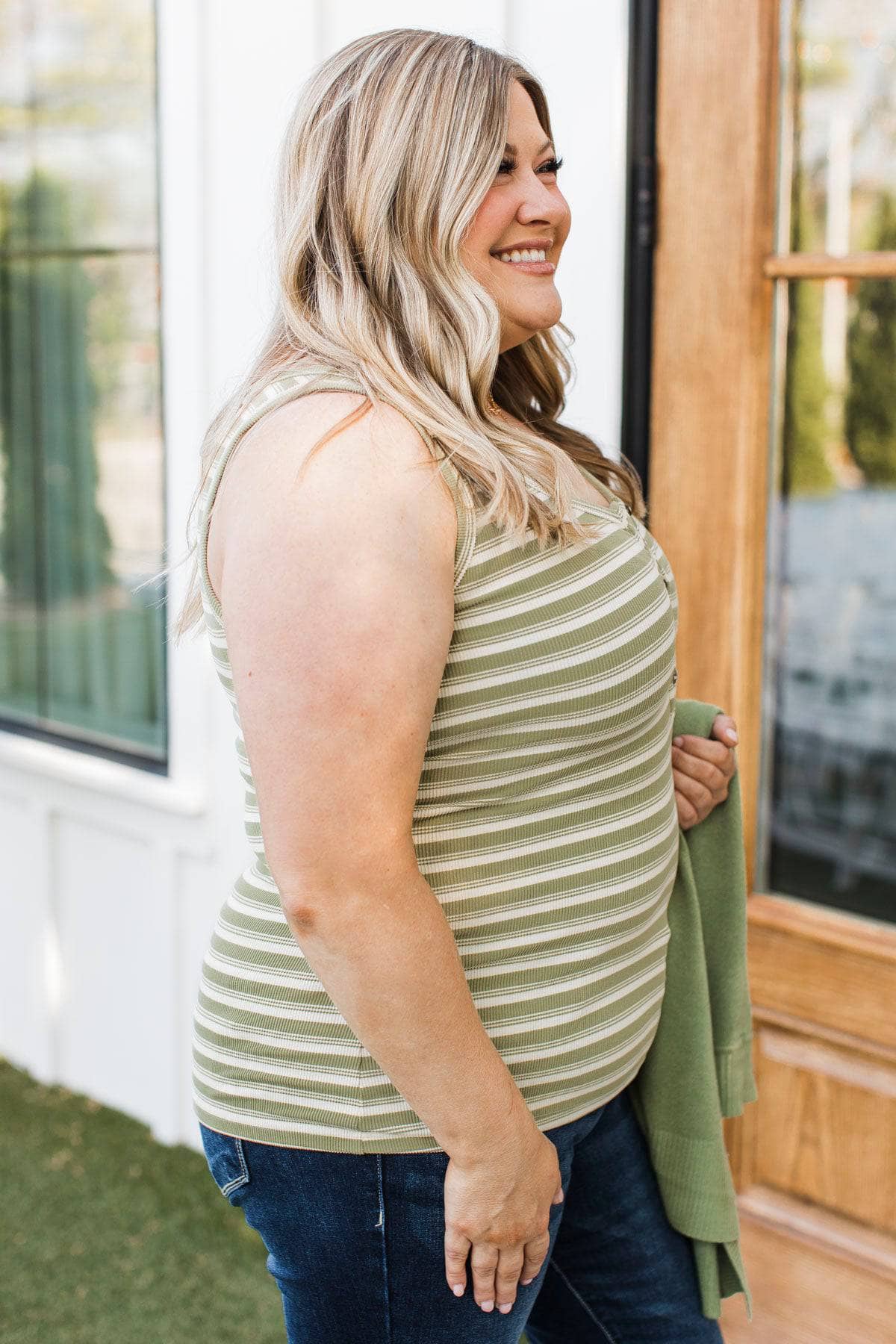 The Best Ever Striped Tank Top- Ivory & Moss Green - Image 6