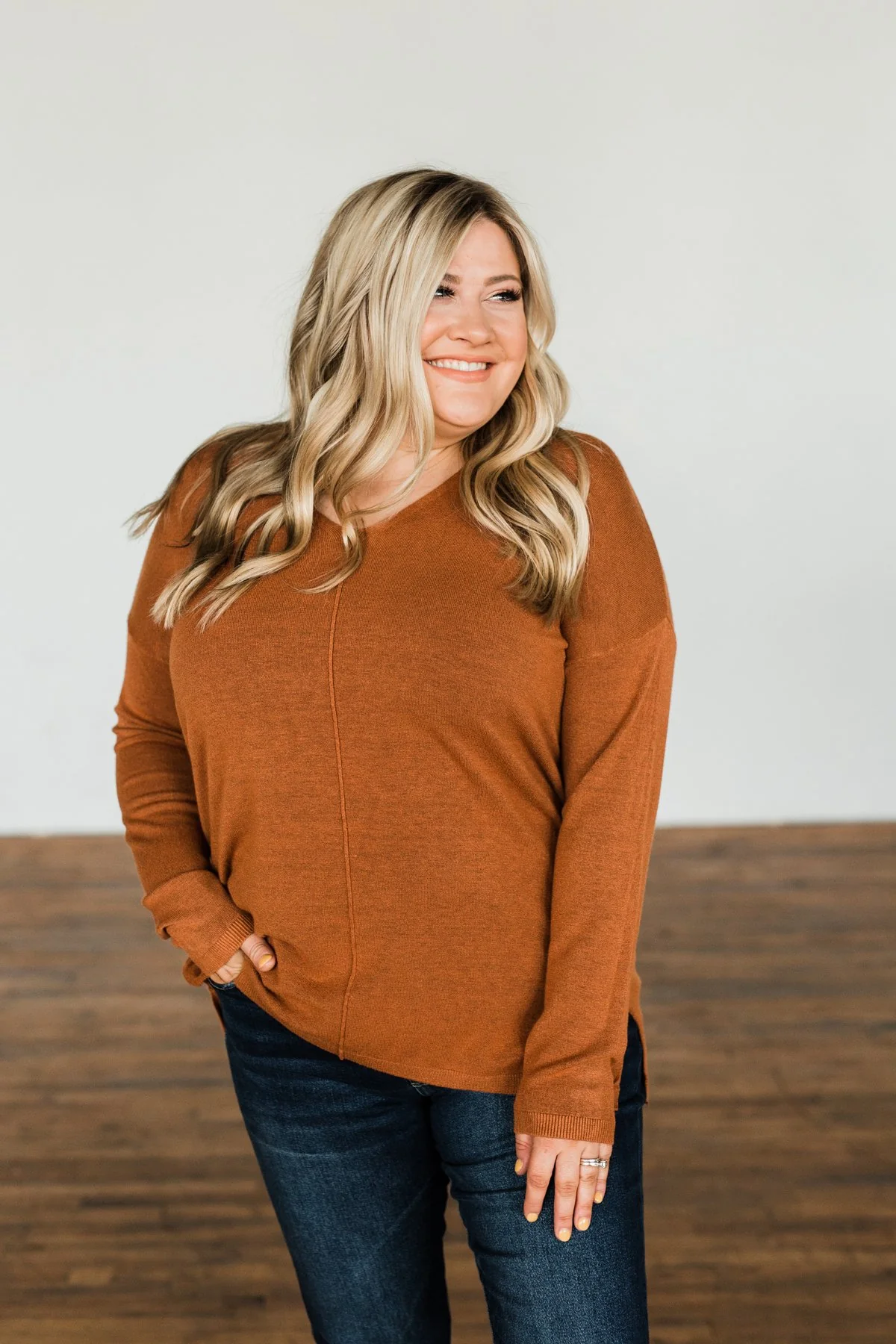 The Best Part V-Neck Sweater- Dark Camel - Image 3