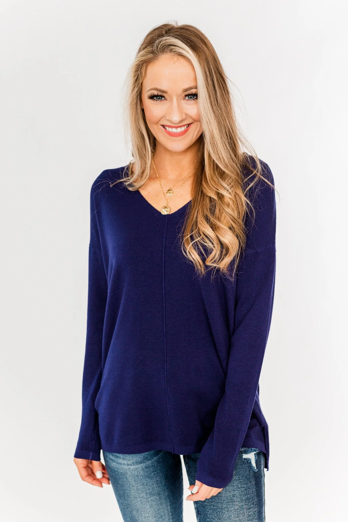 The Best Part V-Neck Sweater- Navy - Image 4