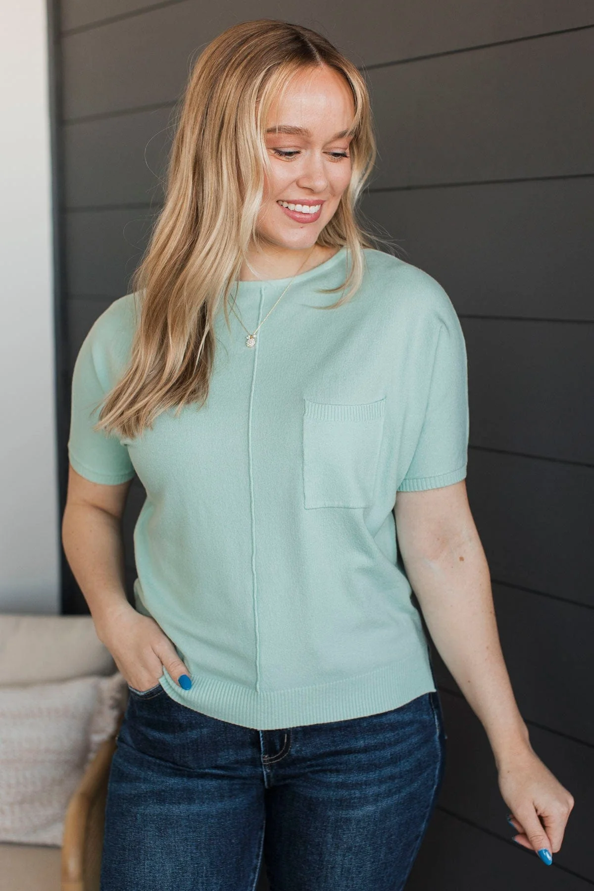 The Fairest Of Them All Pocket Top- Dusty Mint - Image 3