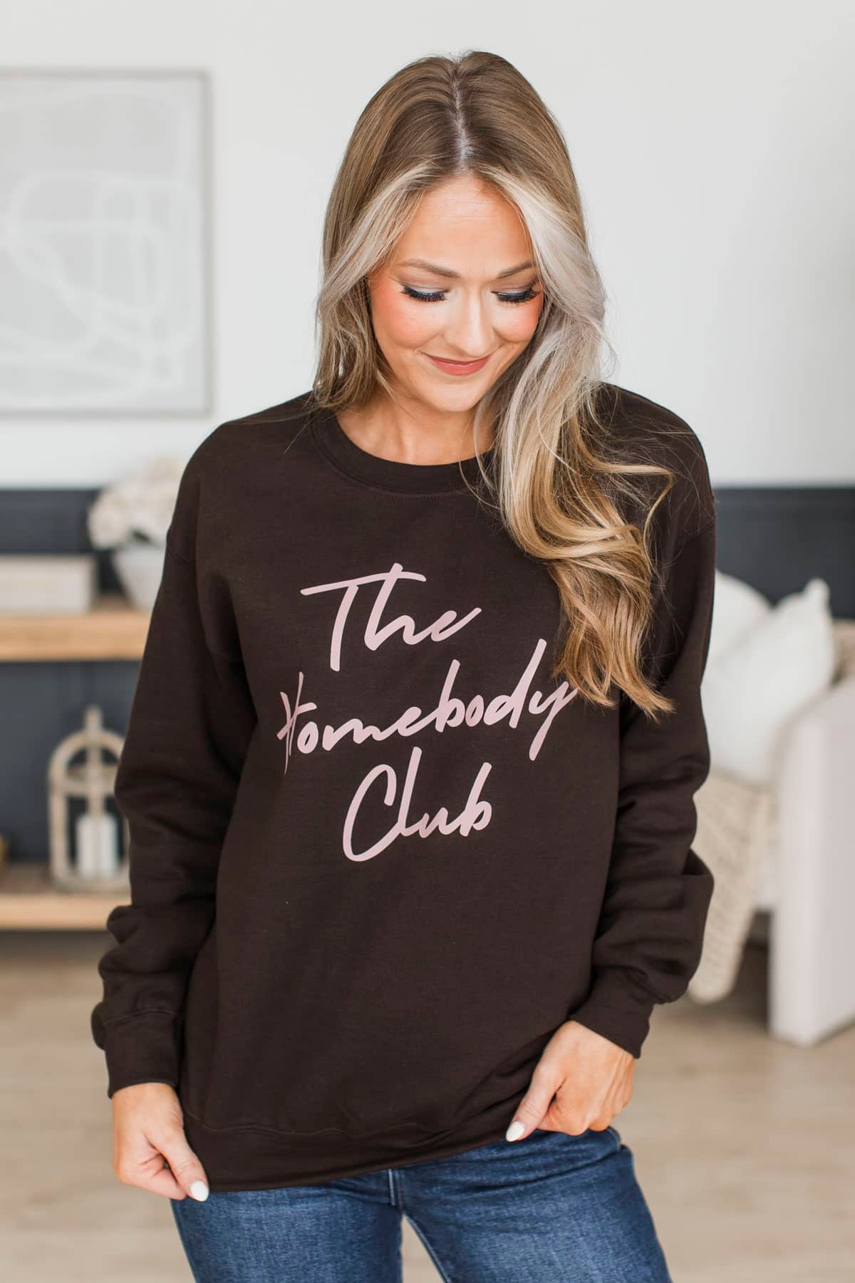 "The Homebody Club" Crew Neck Pullover- Brown