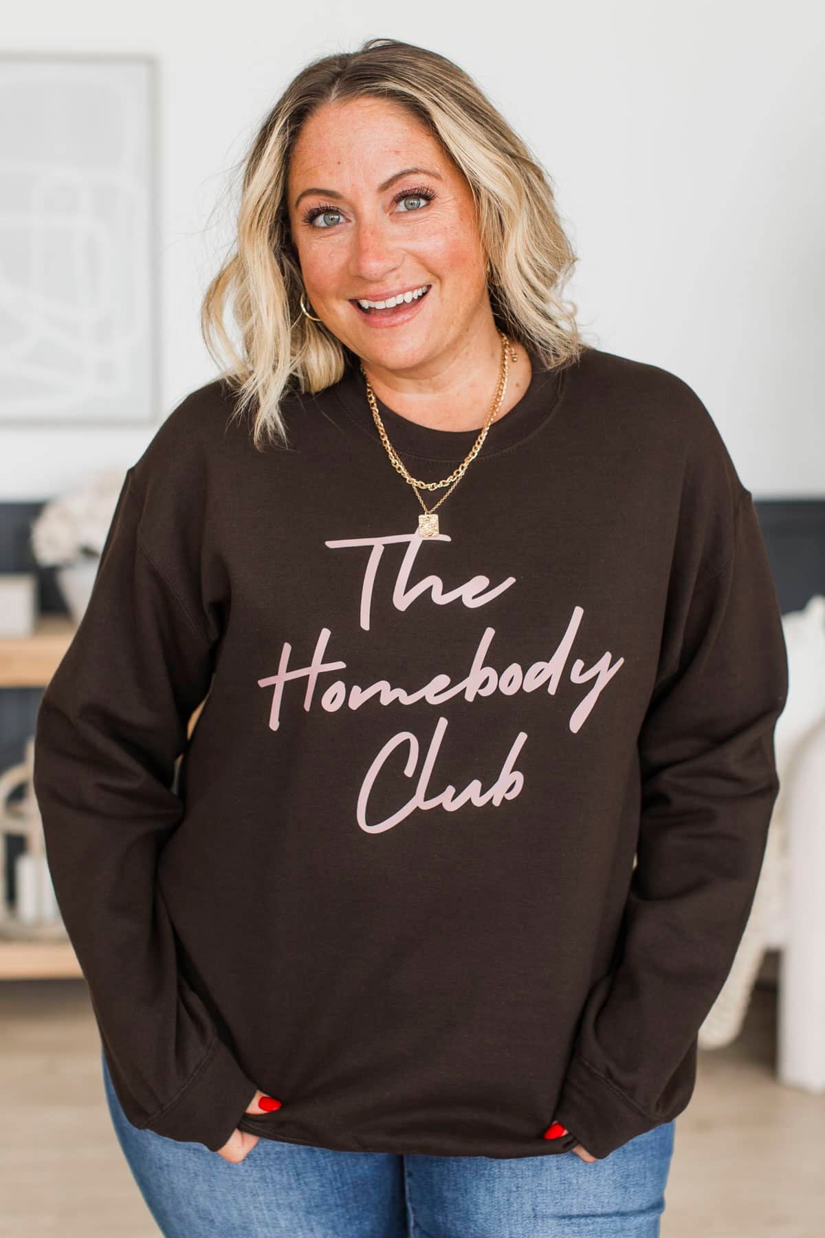 "The Homebody Club" Crew Neck Pullover- Brown - Image 2