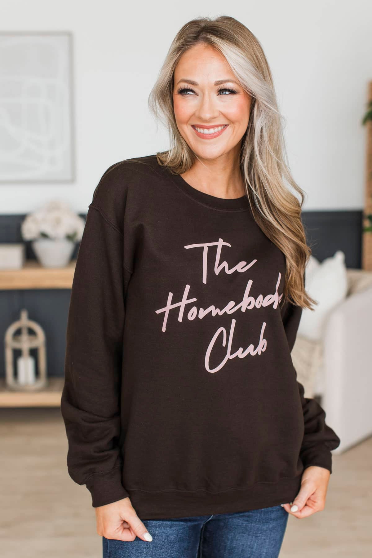"The Homebody Club" Crew Neck Pullover- Brown - Image 3