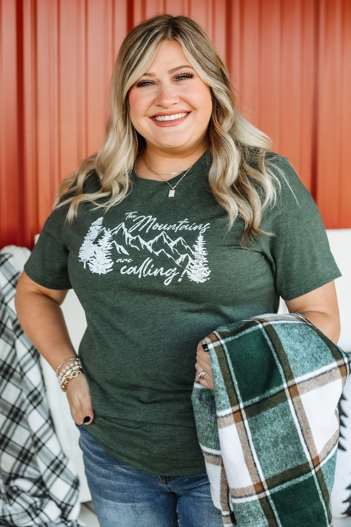 "The Mountains Are Calling" Graphic Tee- Forest Green - Image 2