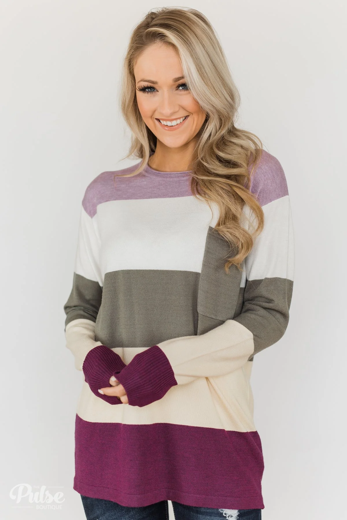 The Next Step Color Block Sweater- Purple, Ivory, Sage