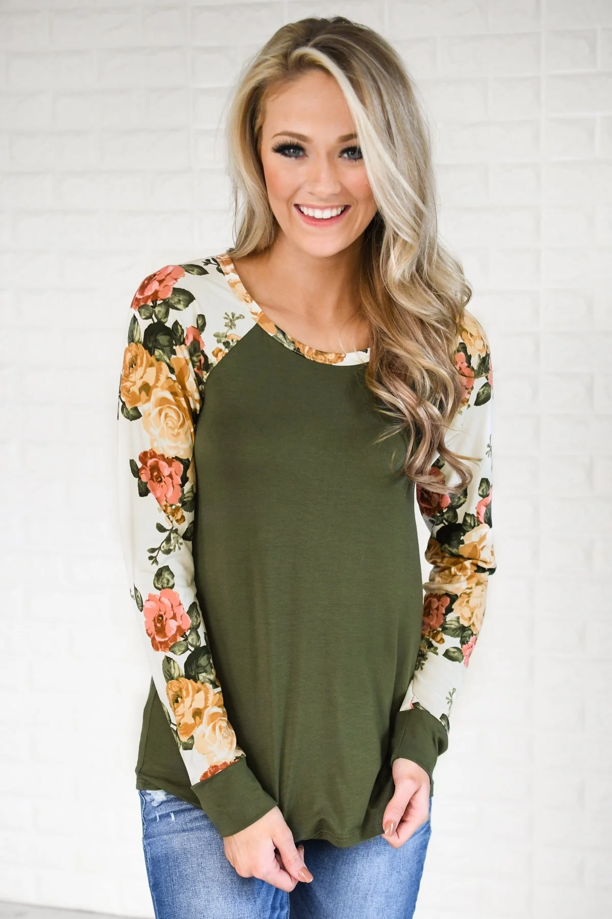 The One for Me Floral Sleeve Olive Top - Image 2