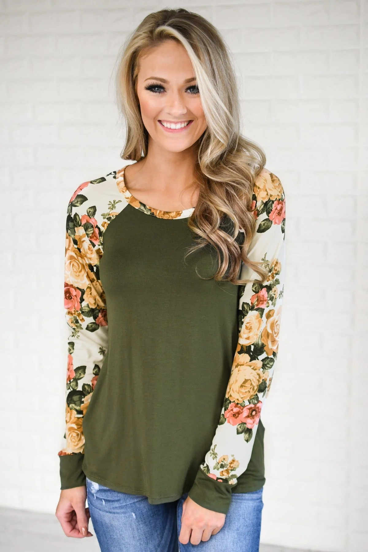 The One for Me Floral Sleeve Olive Top - Image 3