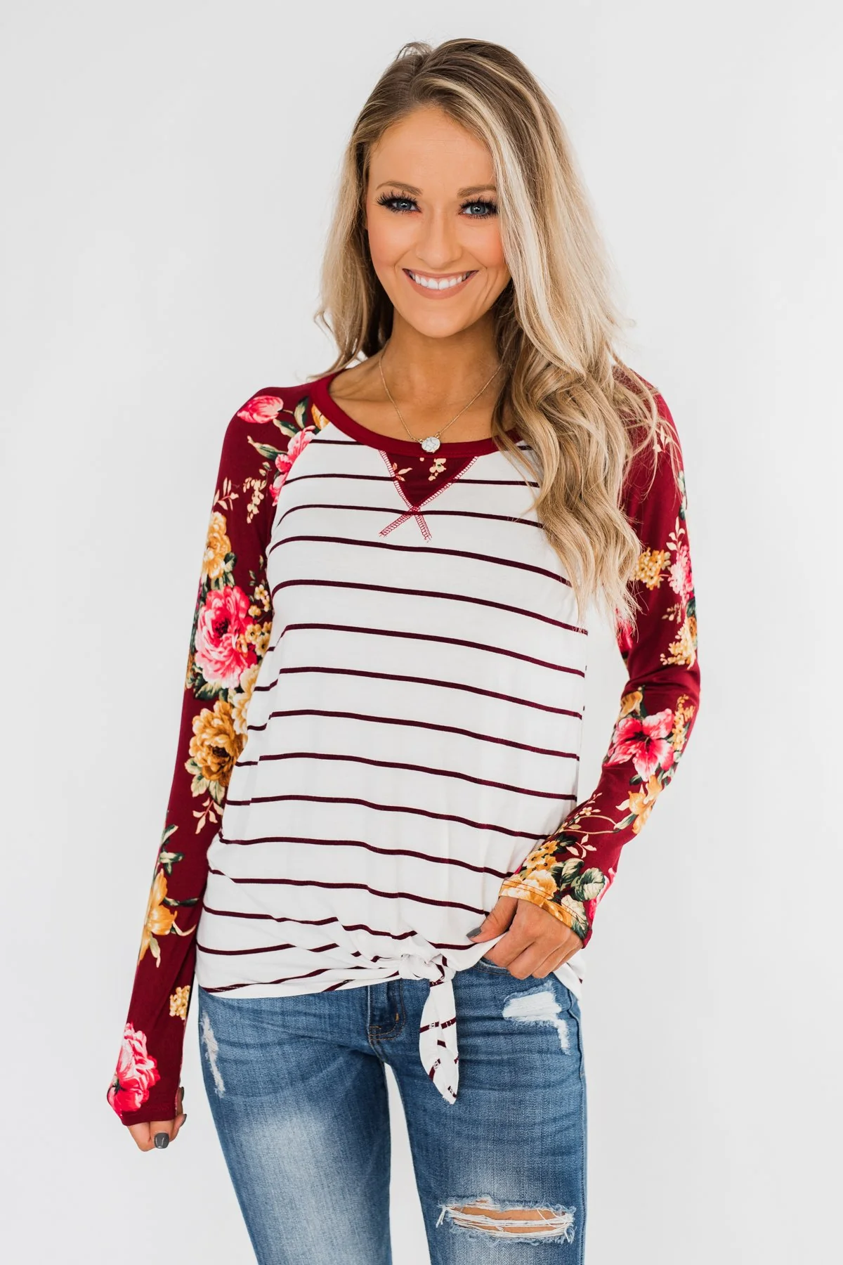 The Perfect Day Striped Floral Top- Burgundy & Ivory - Image 4