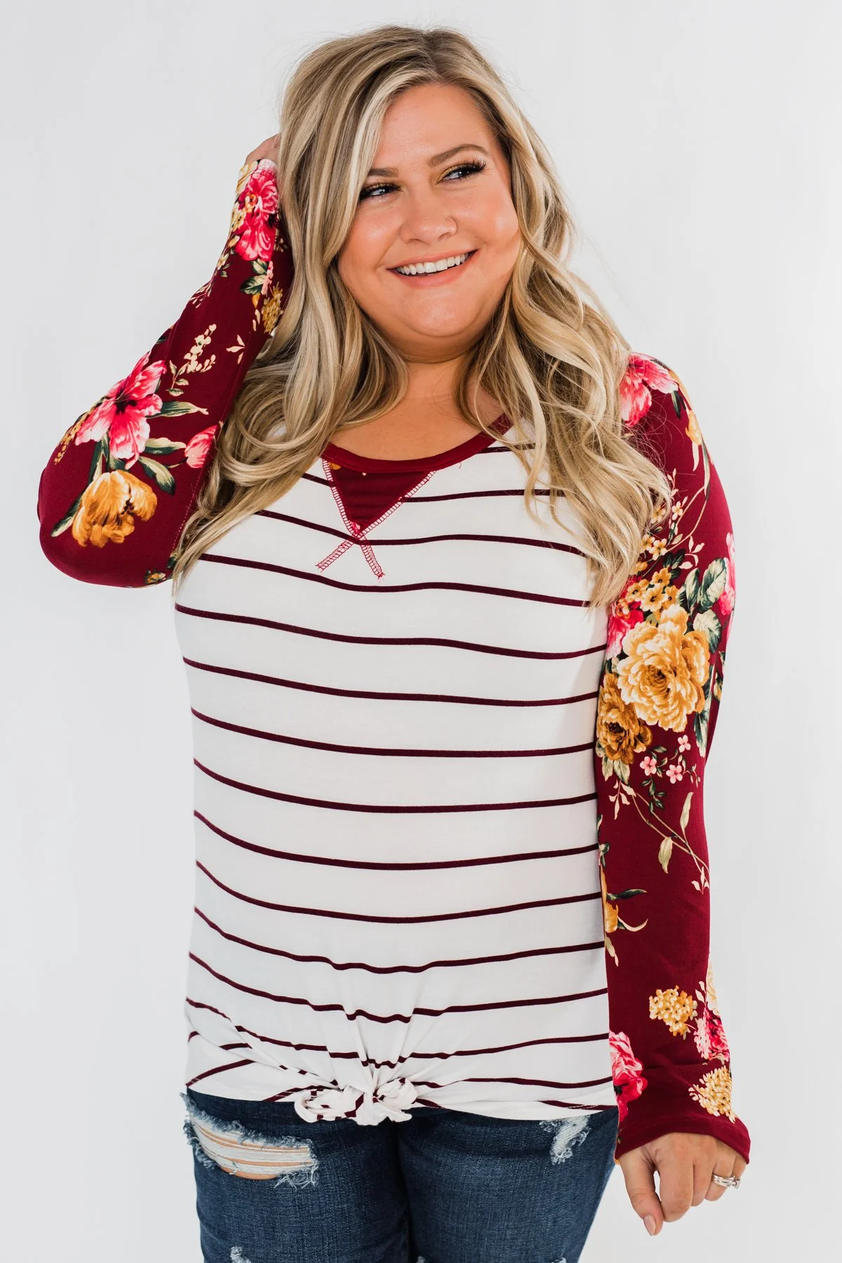The Perfect Day Striped Floral Top- Burgundy & Ivory - Image 5