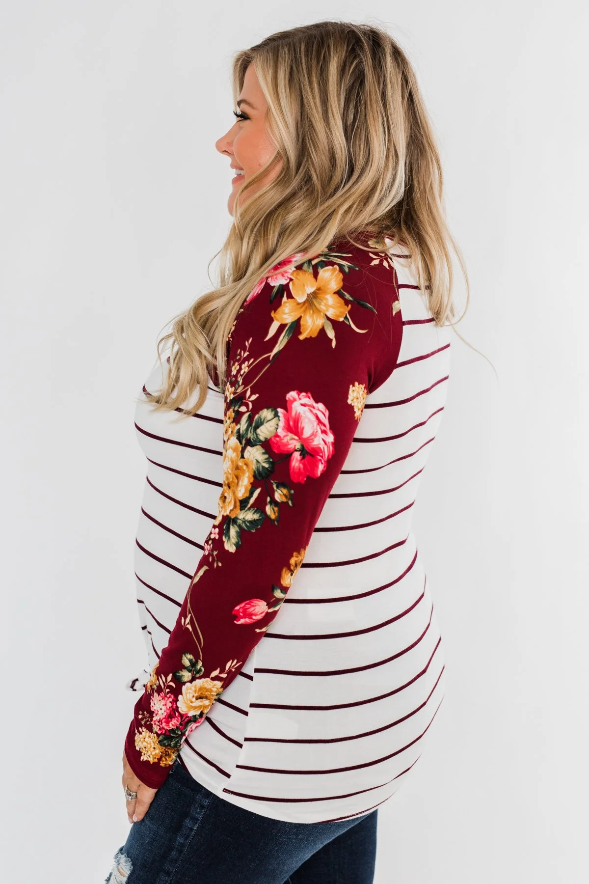 The Perfect Day Striped Floral Top- Burgundy & Ivory - Image 7