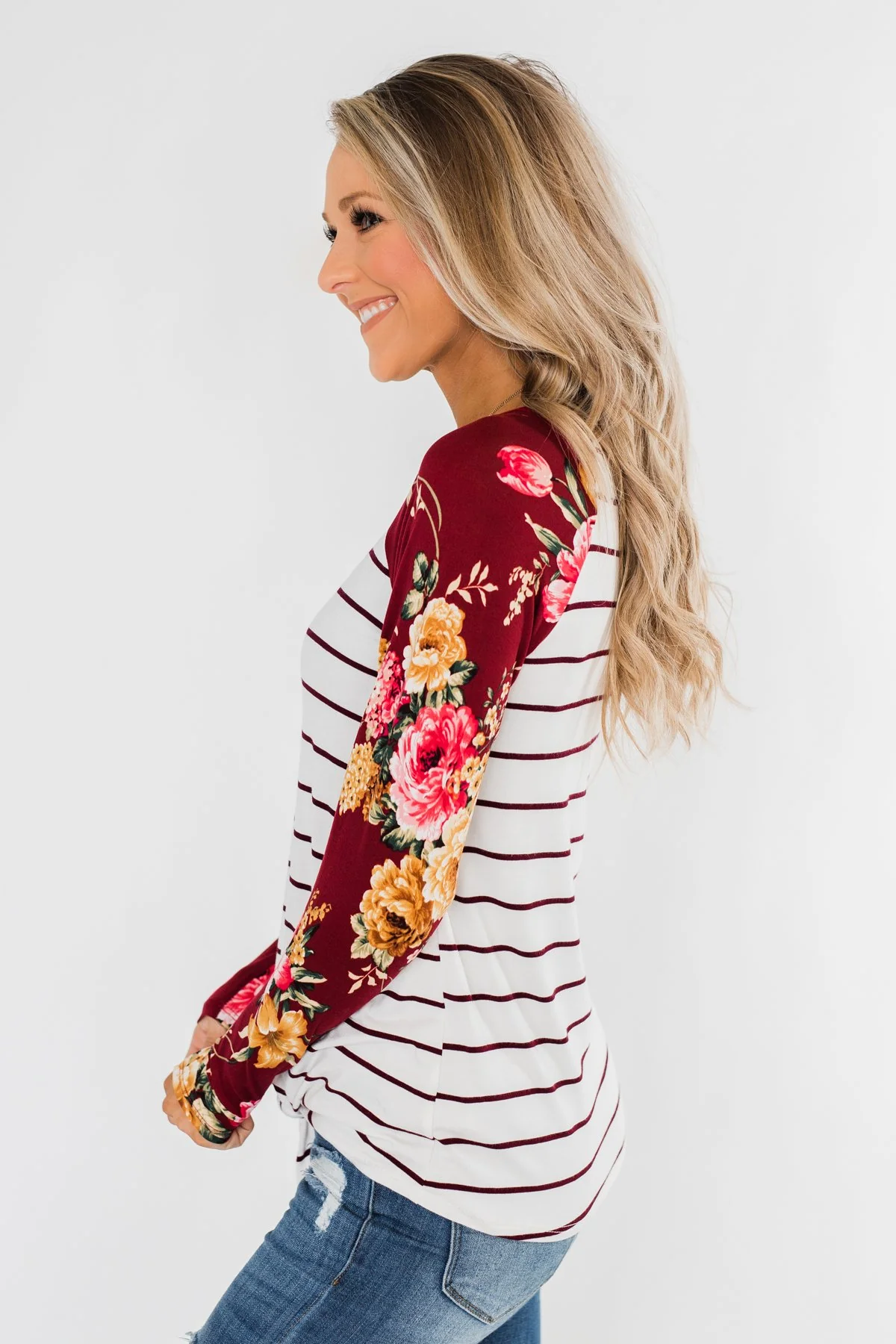 The Perfect Day Striped Floral Top- Burgundy & Ivory - Image 8