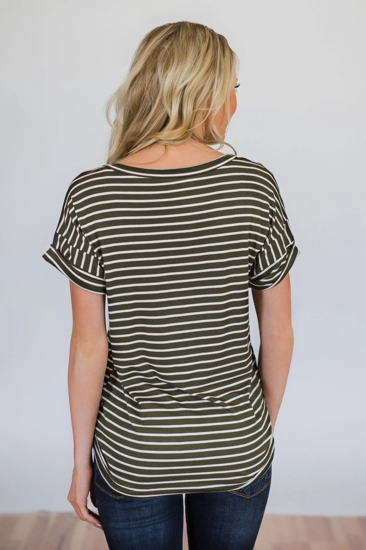The Perfect Striped Pocket Tee- Olive & White - Image 10