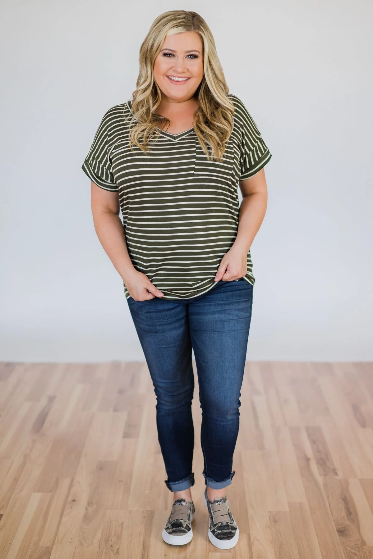 The Perfect Striped Pocket Tee- Olive & White - Image 2