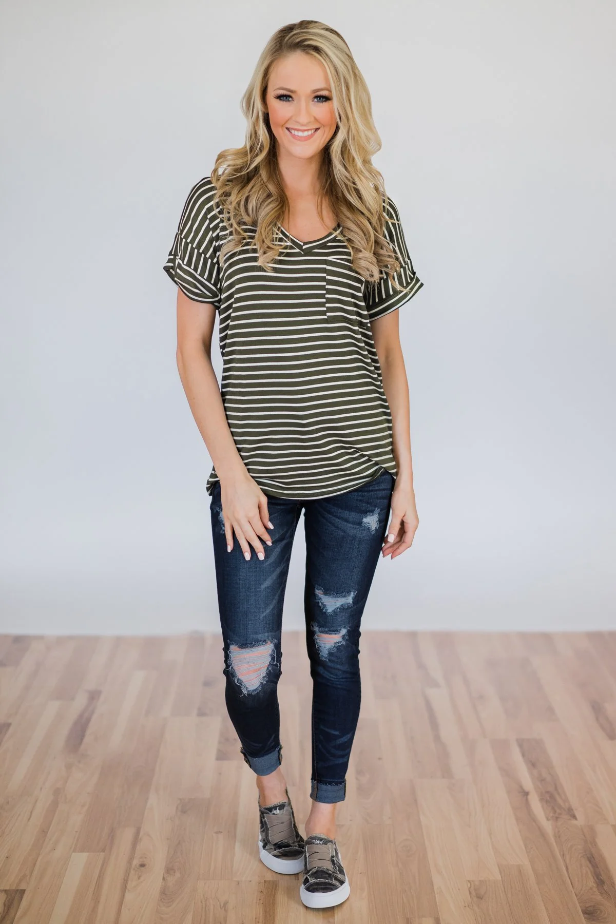 The Perfect Striped Pocket Tee- Olive & White - Image 3
