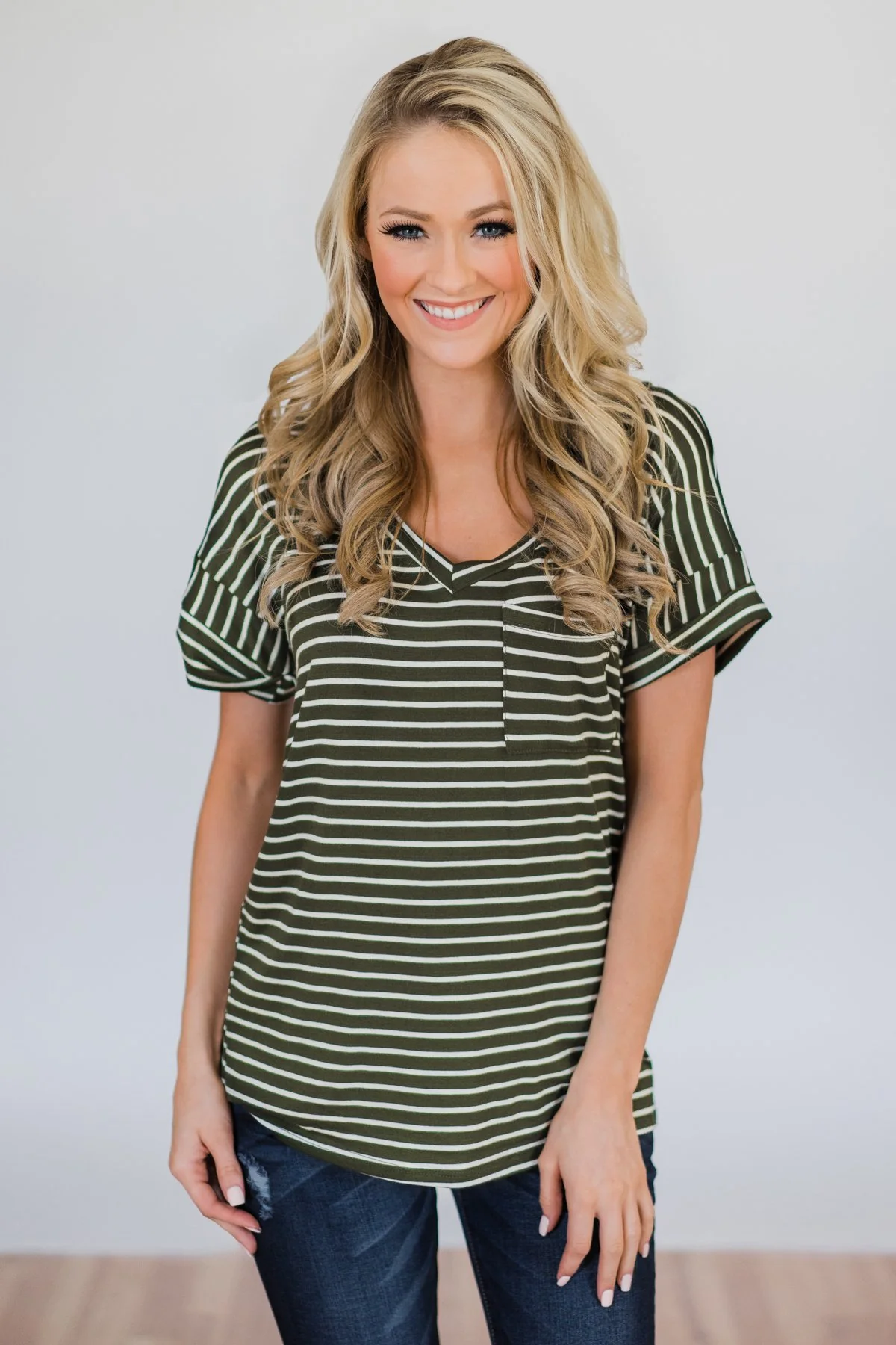 The Perfect Striped Pocket Tee- Olive & White - Image 5