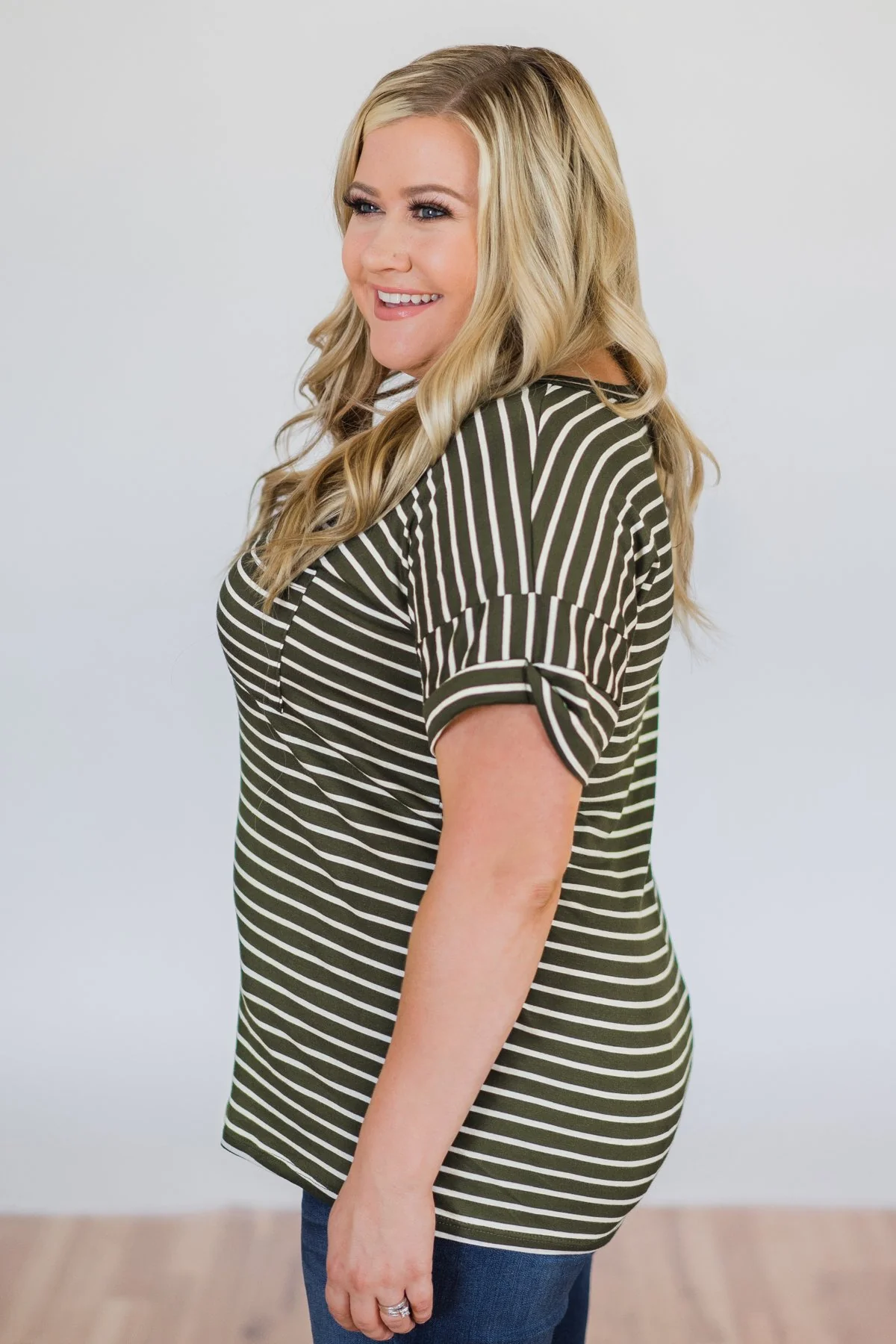 The Perfect Striped Pocket Tee- Olive & White - Image 6
