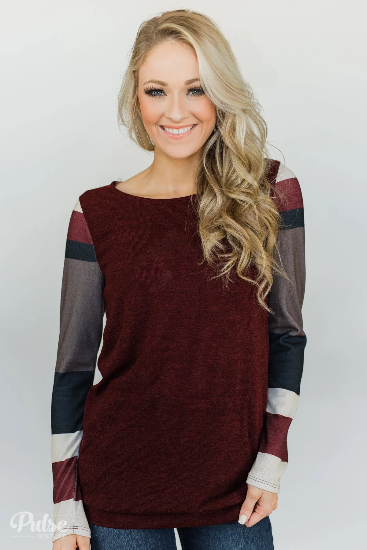 The Right Placement Color Block Sleeve Top- Maroon - Image 2