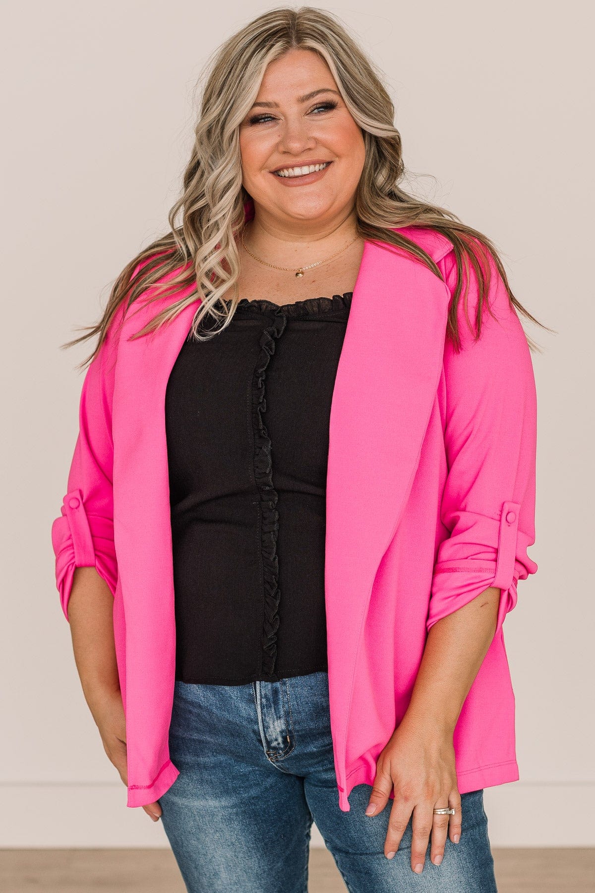 The Sky Is The Limit Long Sleeve Blazer- Hot Pink - Image 2