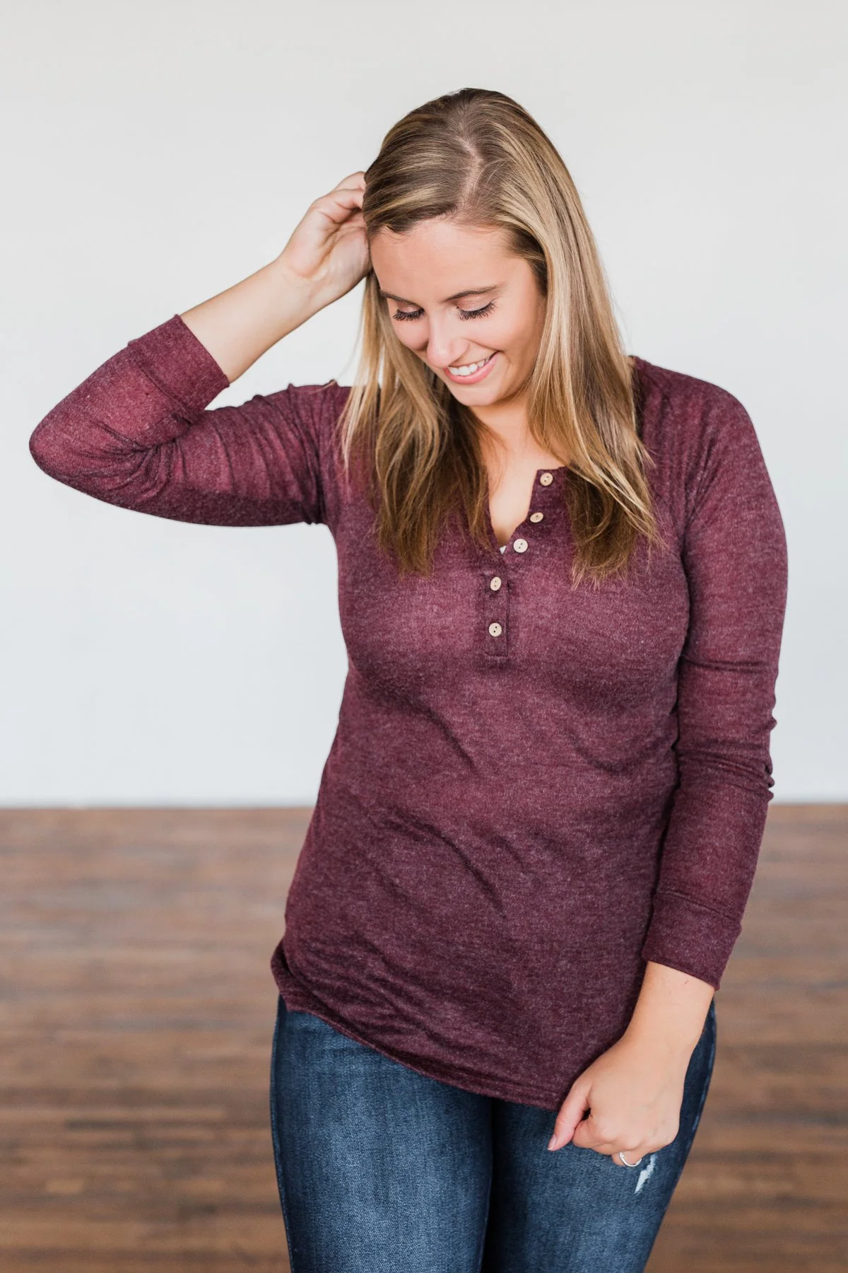 The Time Of My Life Button Henley Top- Burgundy - Image 4