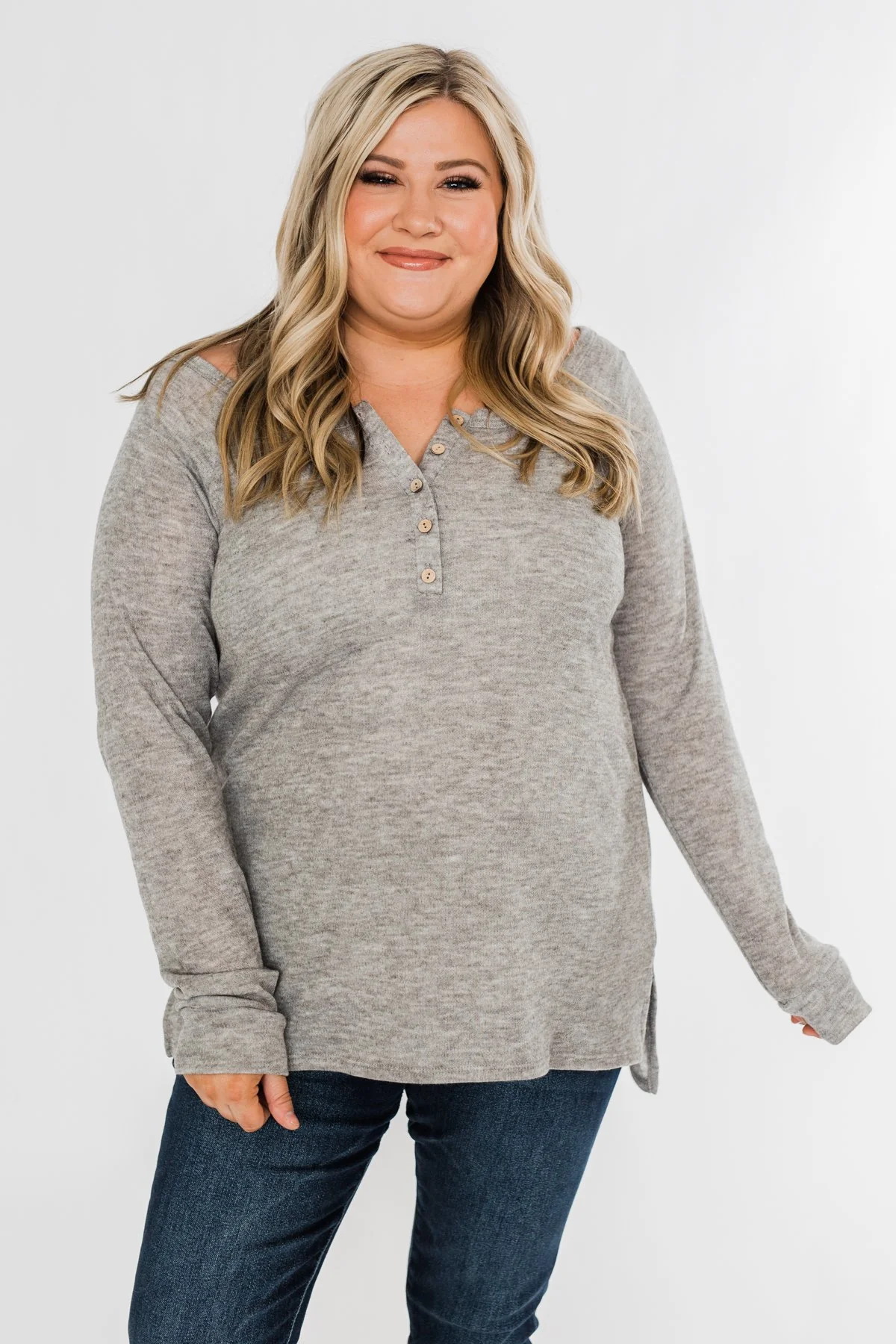 The Time Of My Life Button Henley Top- Grey - Image 3