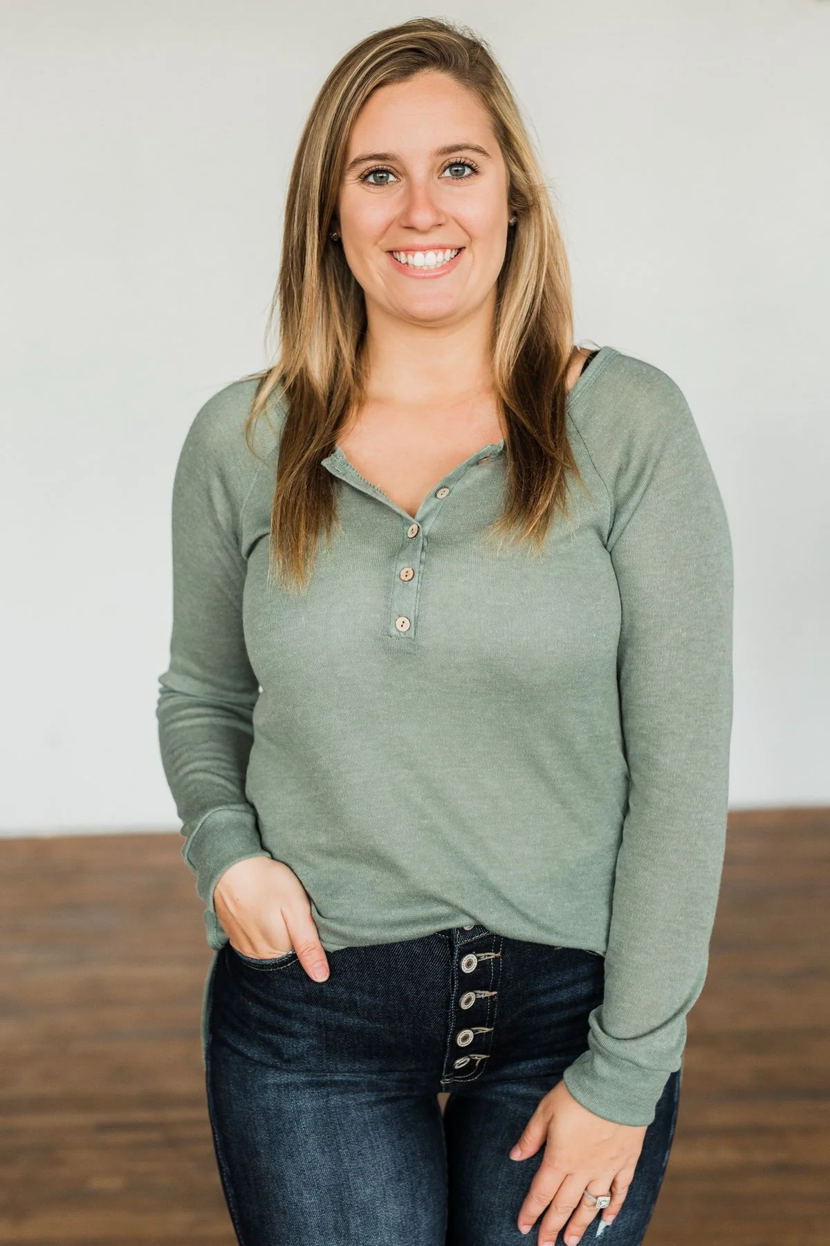 The Time Of My Life Button Henley Top- Sage - Image 3