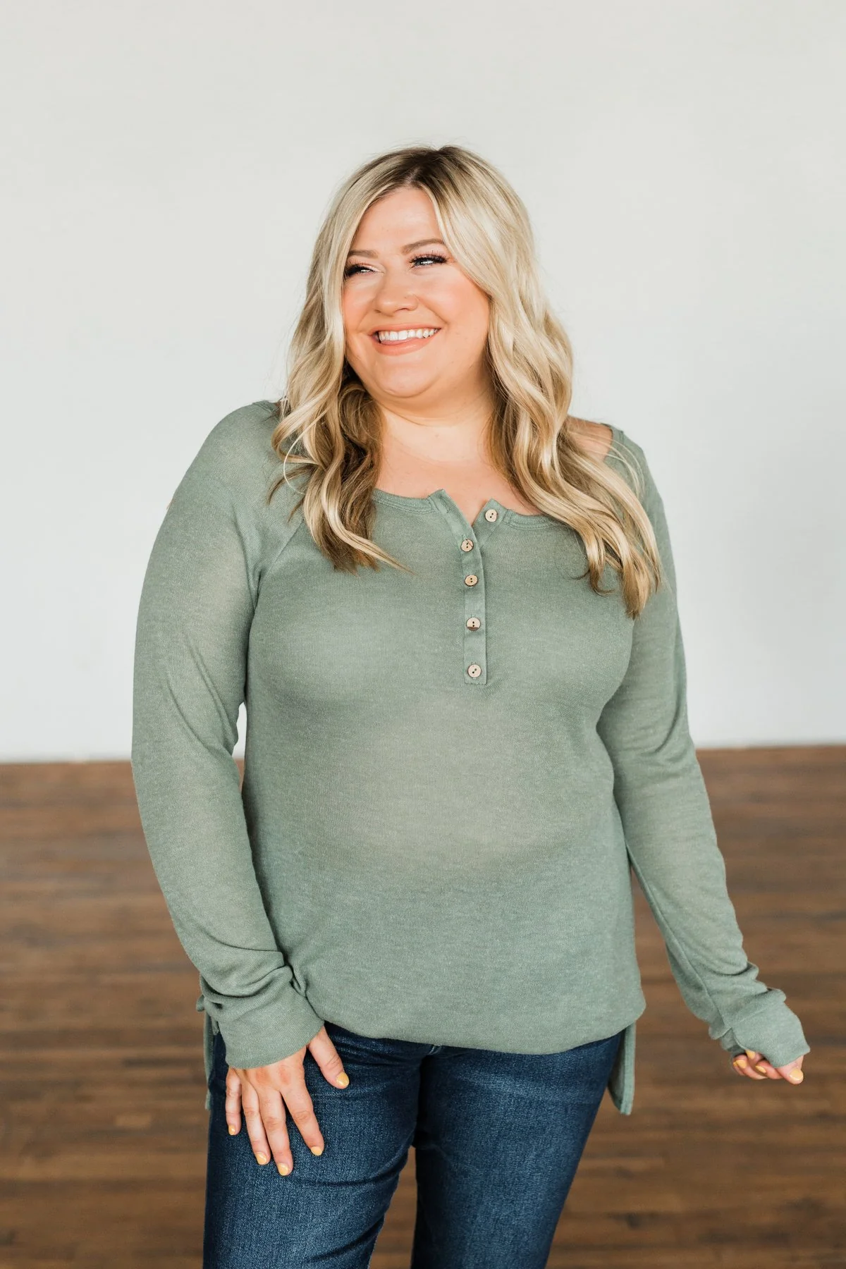 The Time Of My Life Button Henley Top- Sage - Image 7