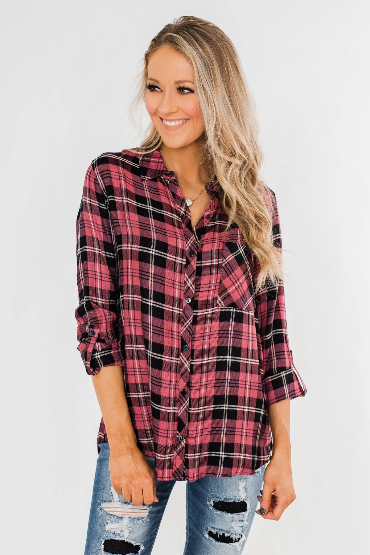 The Time To Shine Plaid Top- Light Berry & Black - Image 3