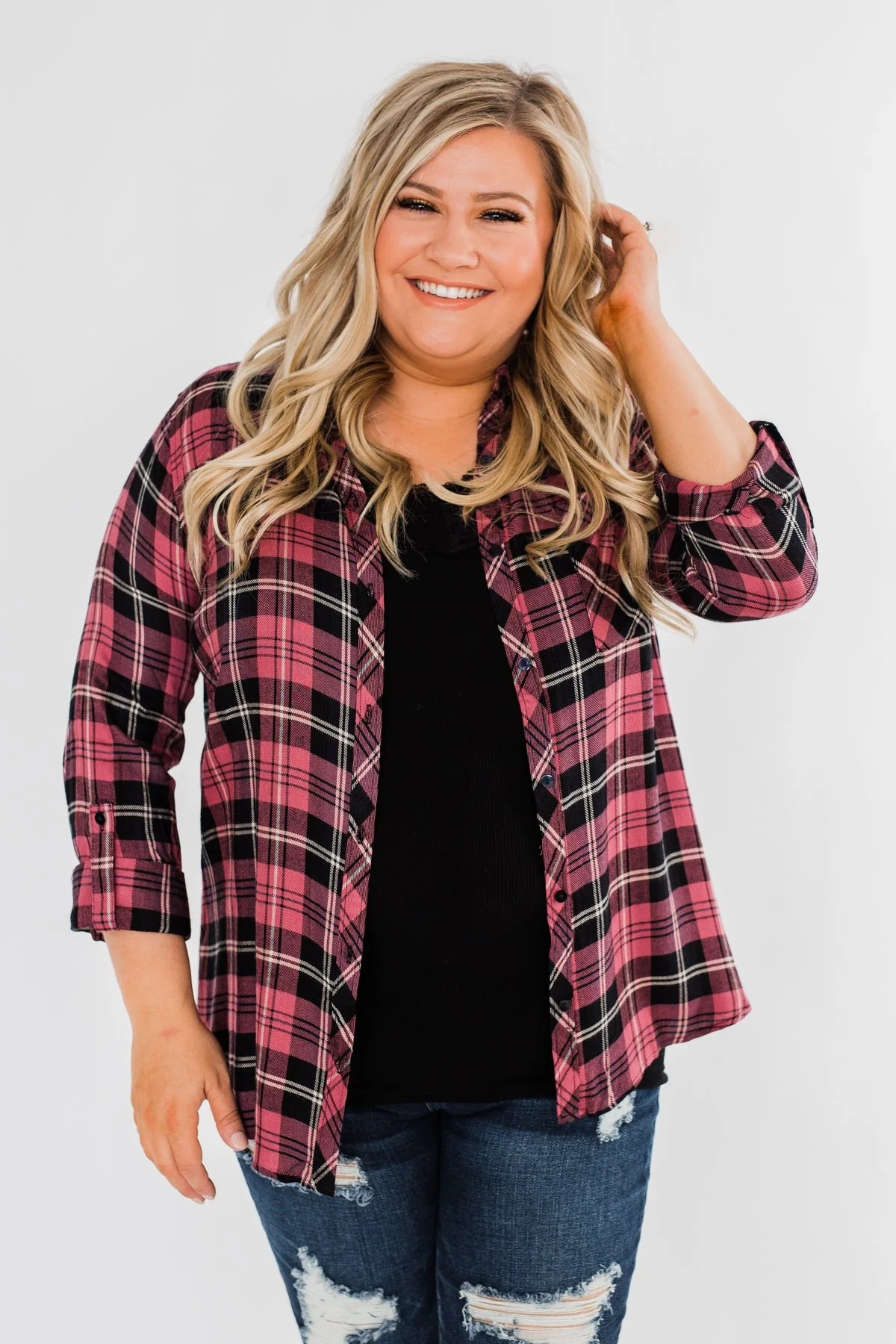 The Time To Shine Plaid Top- Light Berry & Black - Image 4