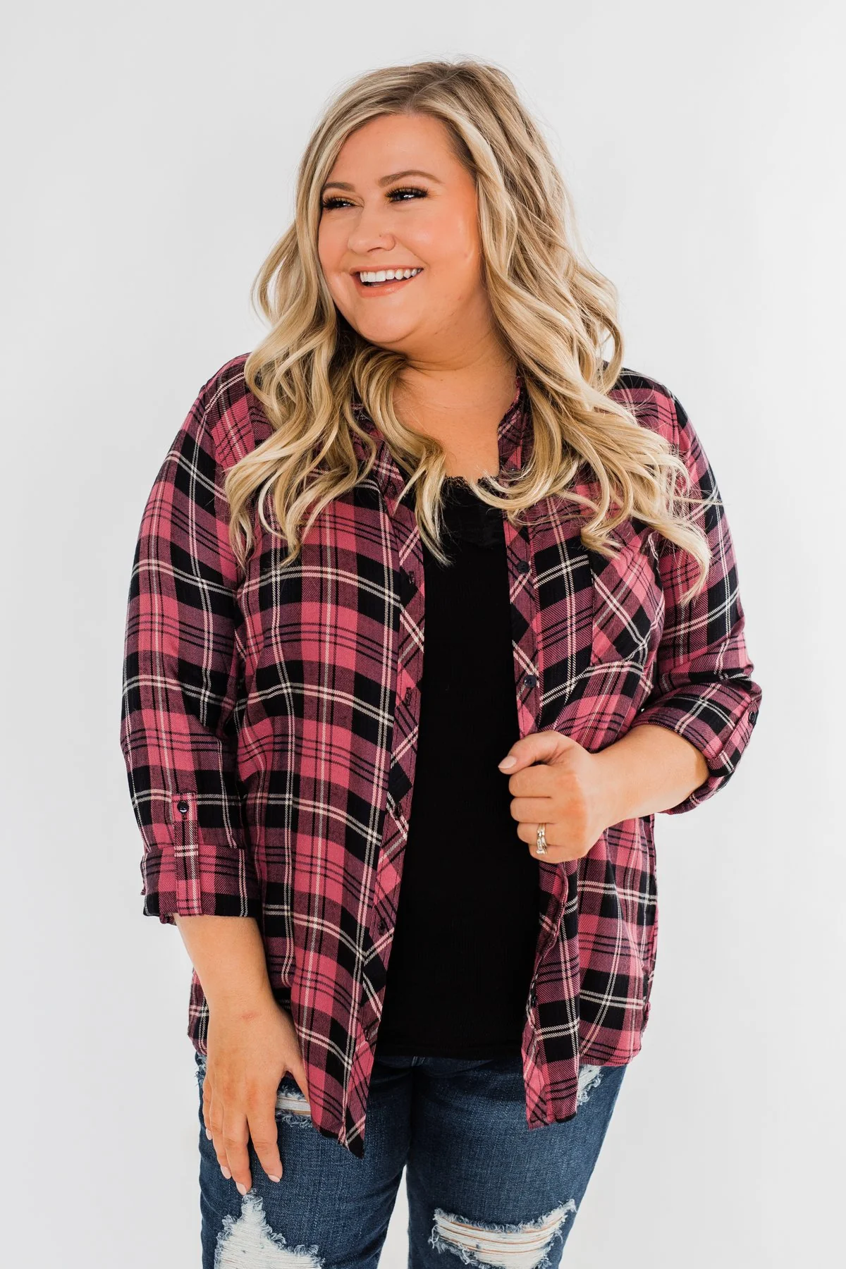 The Time To Shine Plaid Top- Light Berry & Black - Image 6