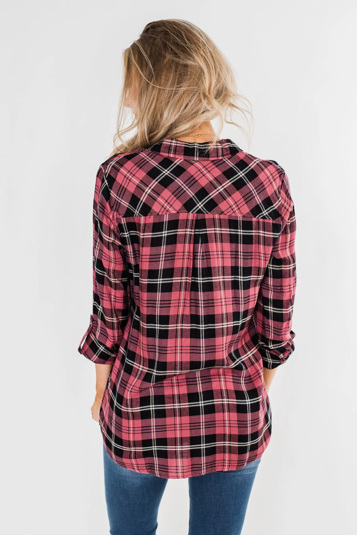 The Time To Shine Plaid Top- Light Berry & Black - Image 7