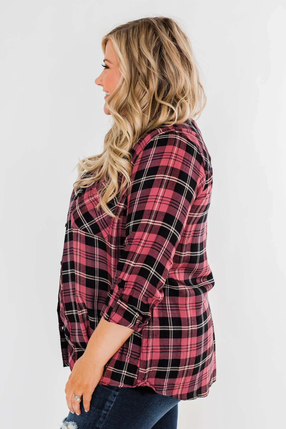 The Time To Shine Plaid Top- Light Berry & Black - Image 9