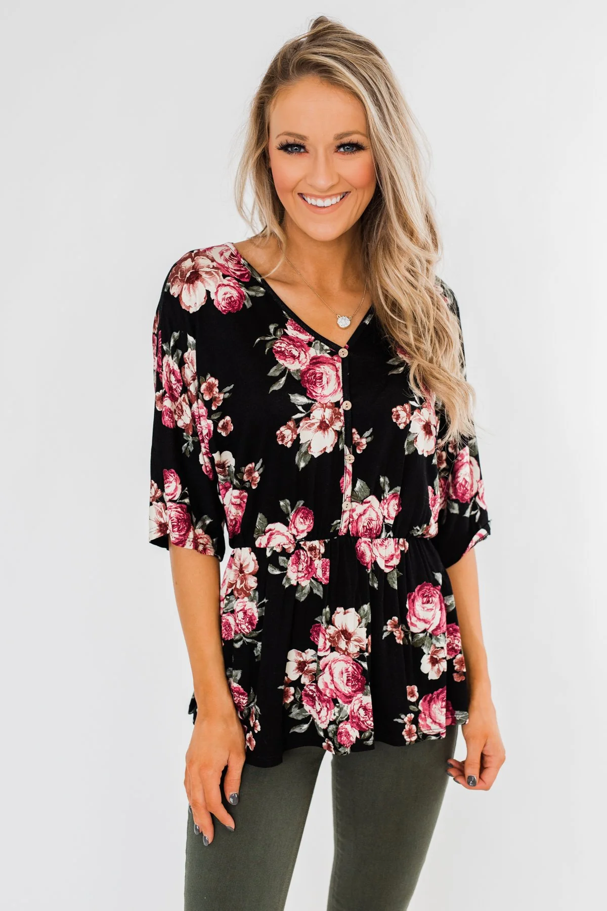 The Way To My Heart Floral Button Top- Black - Image 4