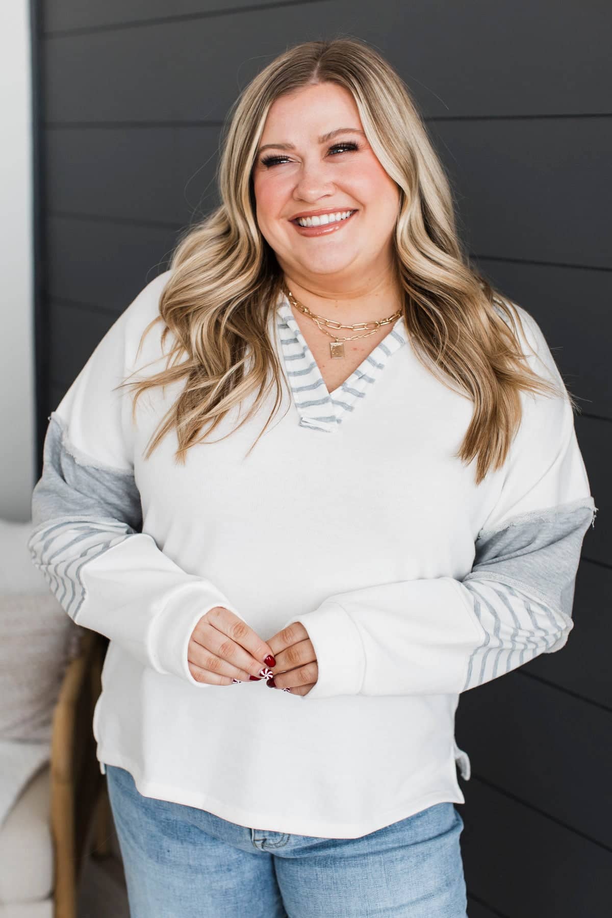 There For You Fabric Block Pullover Top- Grey & White
