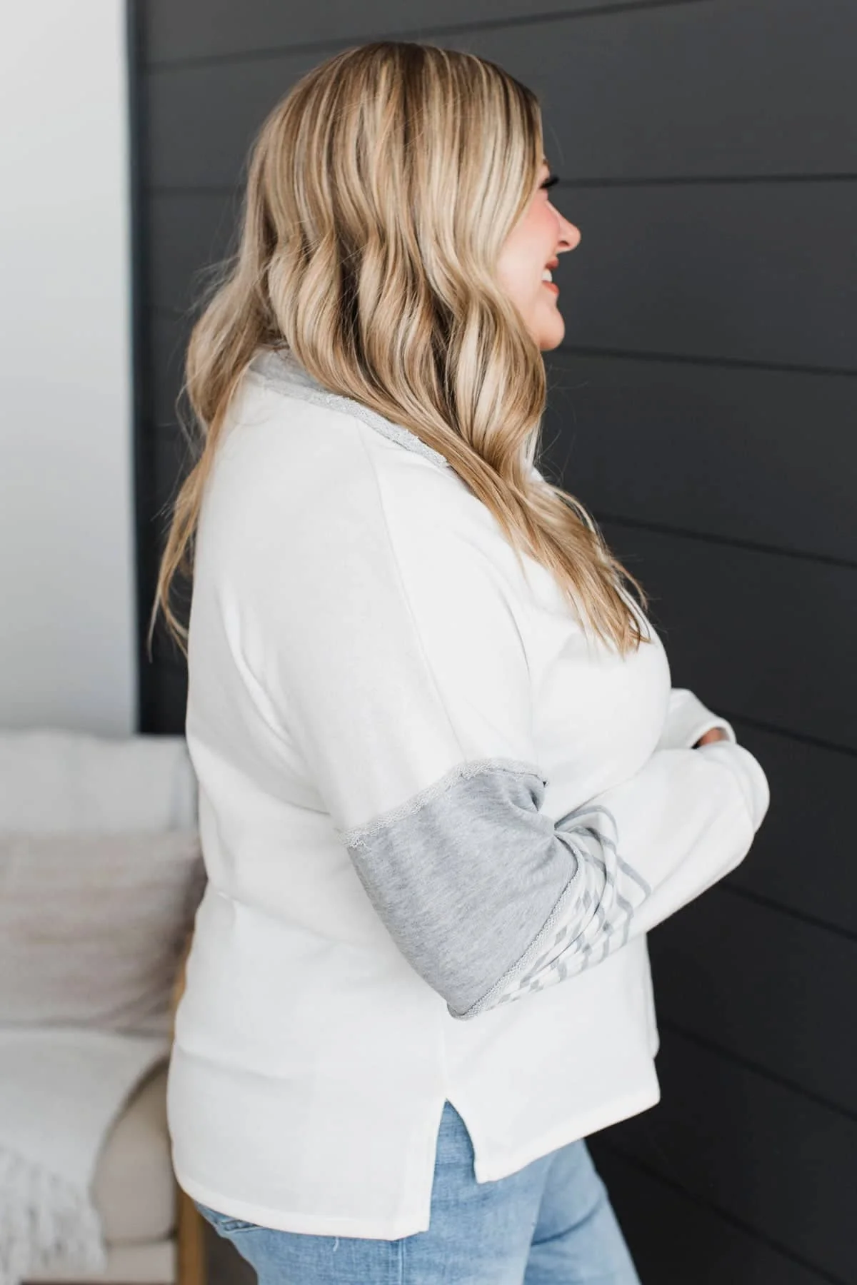 There For You Fabric Block Pullover Top- Grey & White - Image 5