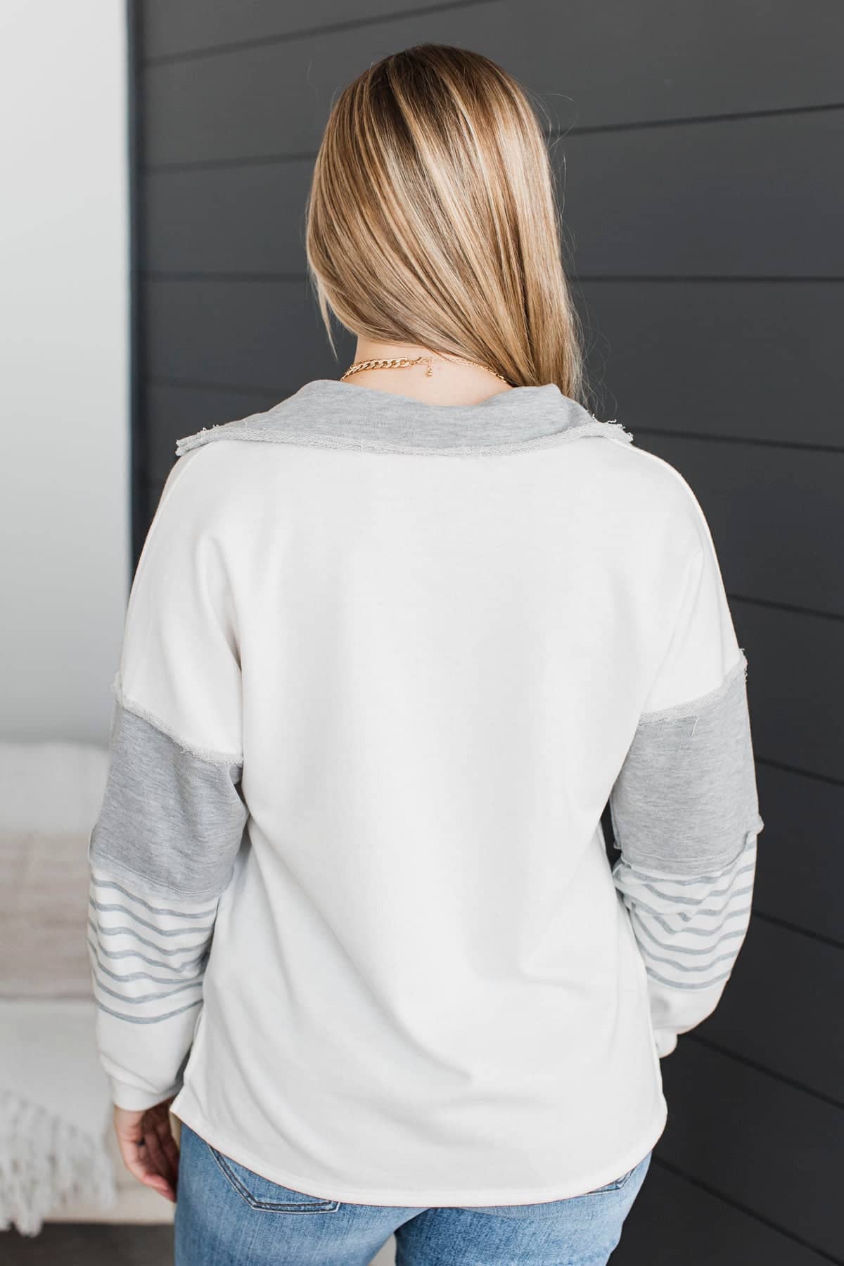 There For You Fabric Block Pullover Top- Grey & White - Image 8