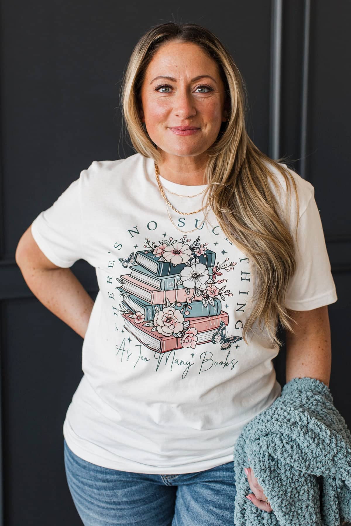 "There's No Such Thing As Too Many Books" Graphic Tee- White - Image 2